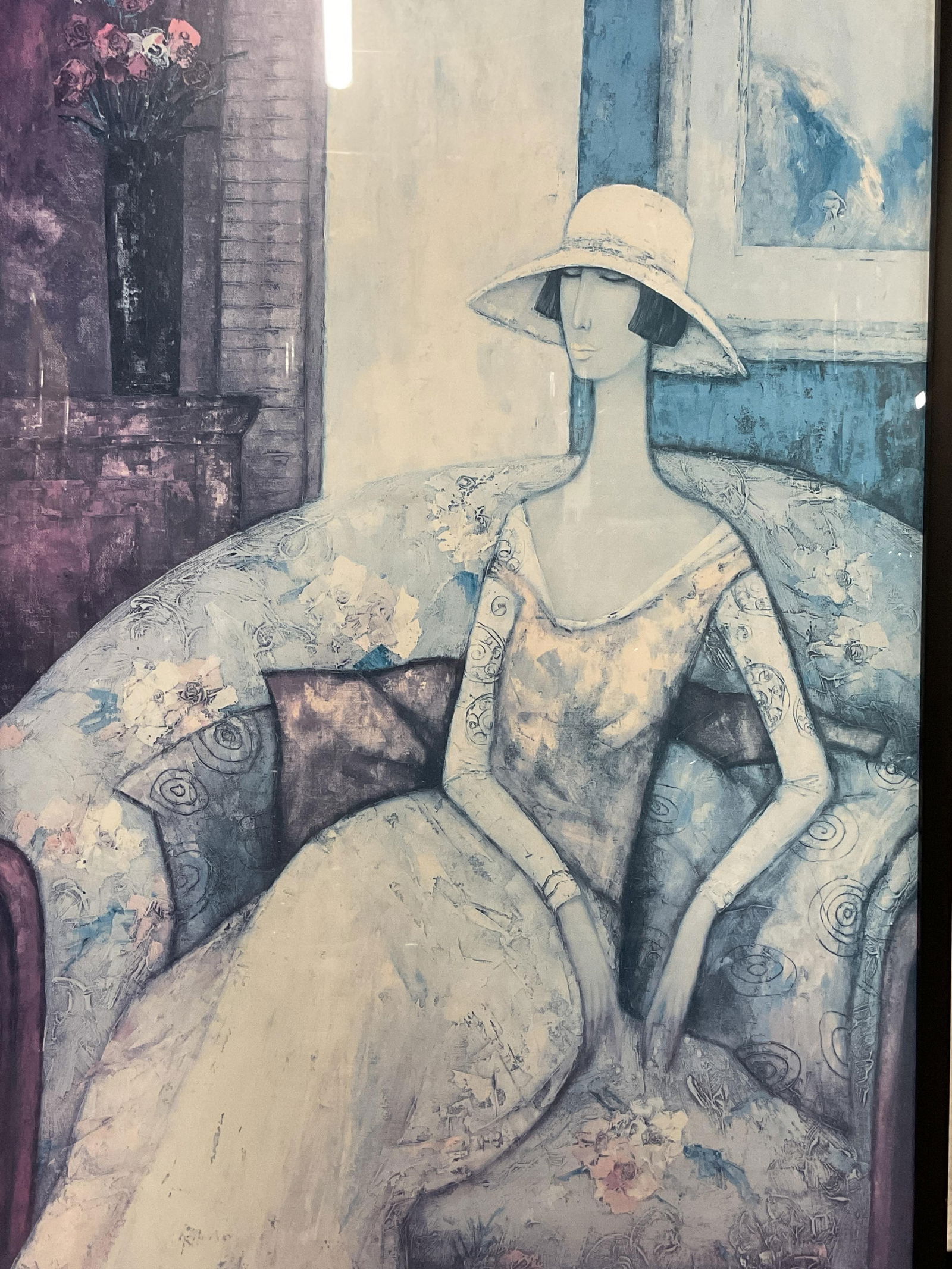 Framed Ludmila Curilova Seated Woman Litho 37in: Framed lithograph. After Ludmila Curilova. Seated woman. Black frame. Not examined out of frame. Frame measures approx. 37 x 25.25 inches. Wear including discoloration. Art, fine art print, framed art