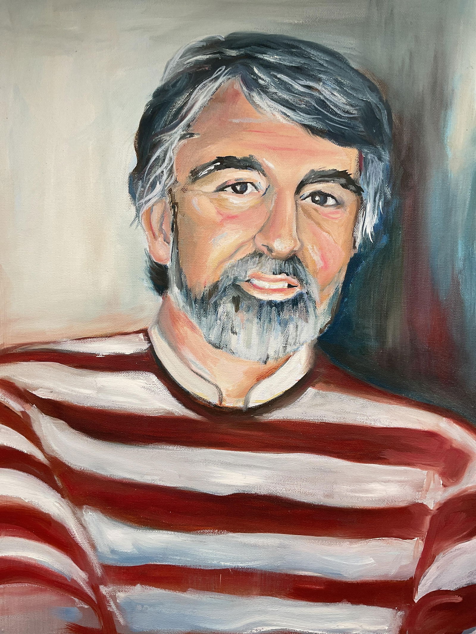 Portrait Bearded Man Striped Shirt Oil Painting: Oil on canvas painting. Portrait of a bearded man wearing a red and white striped shirt. Canvas stapled to board. Measures approx. 20 x 16 inches. Wear including puncture holes around edges. Art, fine