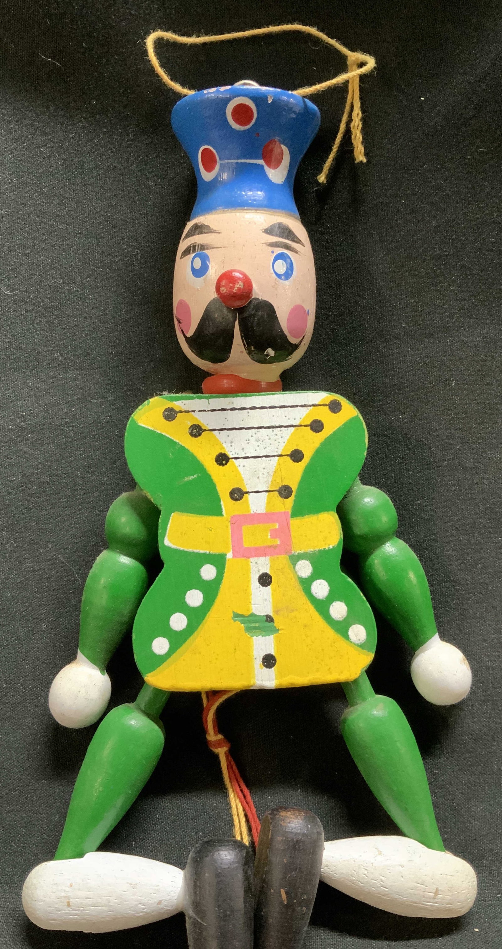 Vtg Wooden Pull String Soldier Toy: Vintage wooden Soldier toy features jointed arms & legs controlled by a pull string. Hand painted details. No visible signature or markings. Surface wear consistent to age, use & exposure. Measurement