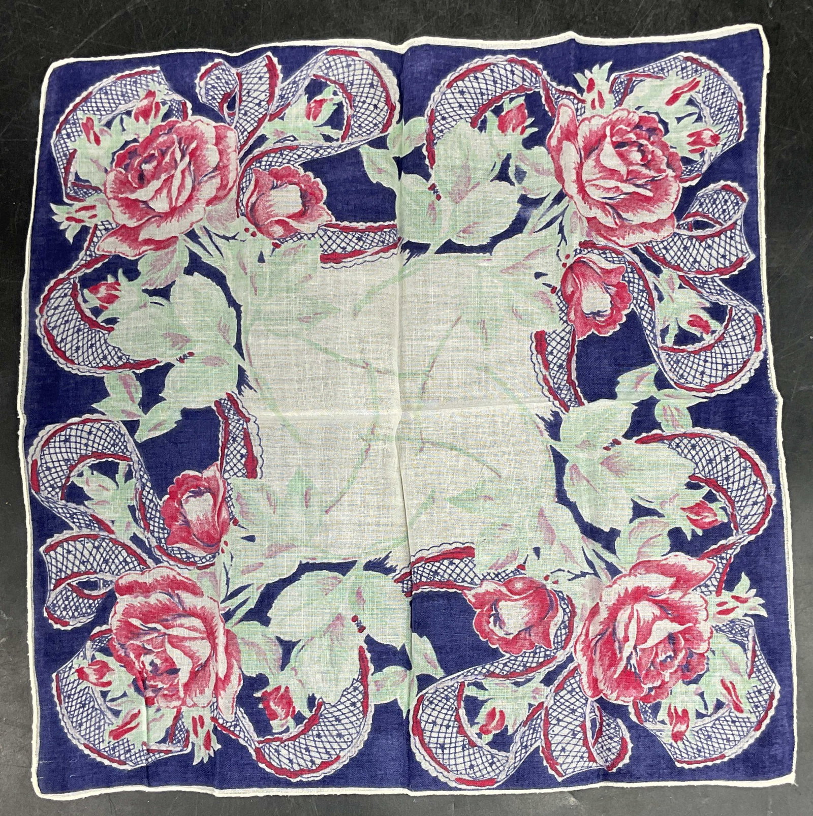 Vtg Blue Red Floral Cotton Handkerchief: Vintage floral print cotton handkerchief in blue, red, and white. Measures approx. 11 x 10.75 inches. Wear including fading and blemishes. Handkerchief, vintage handkerchief, collectible handkerchief,