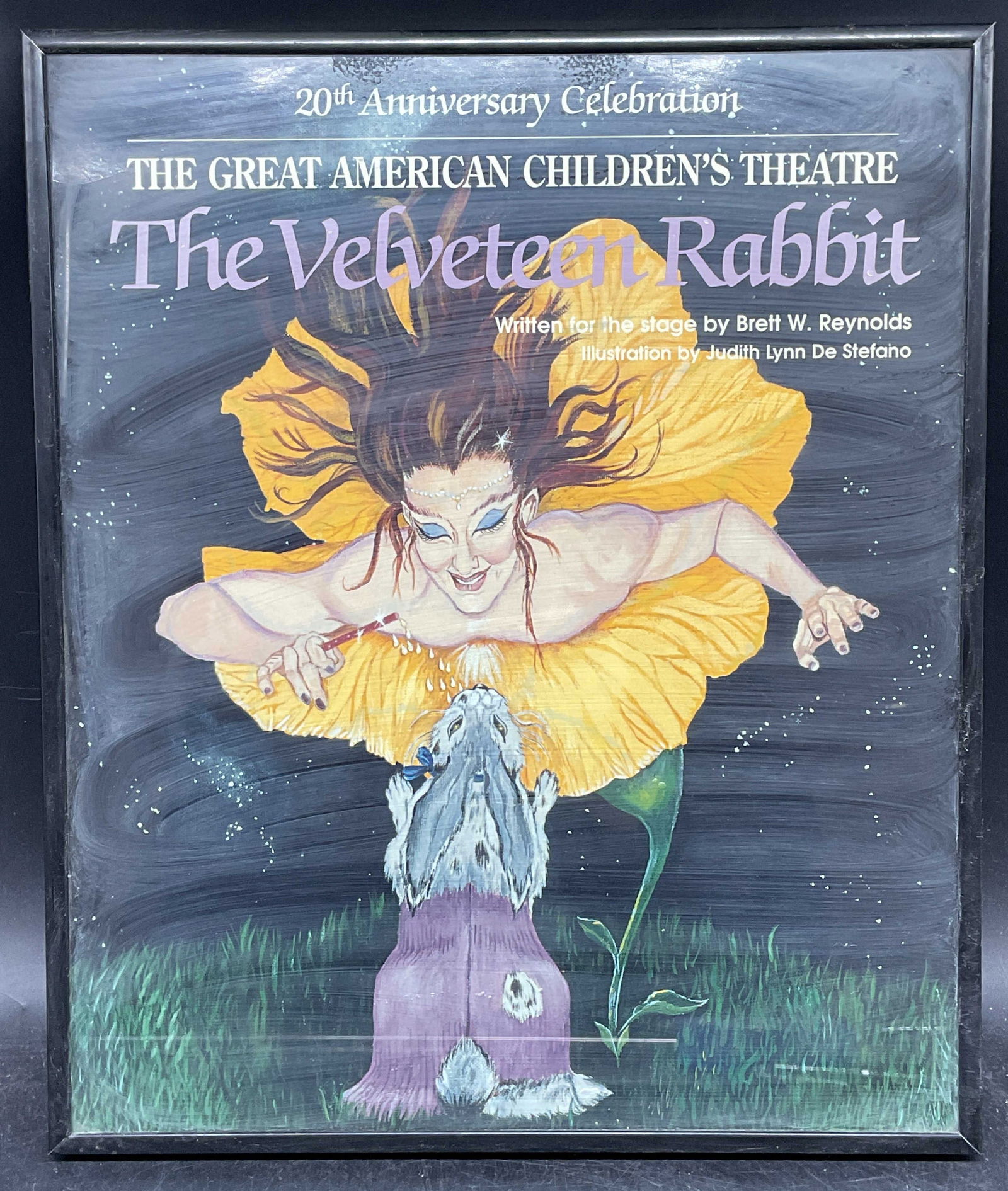 Velveteen Rabbit Theater Poster Lithograph: Framed Lithograph theater poster advertising The Velveteen Rabbit. Illustration by Judith Lynn De Stefano. The American Childrens Theater. Black frame. Not examined out of frame. Frame measures approx