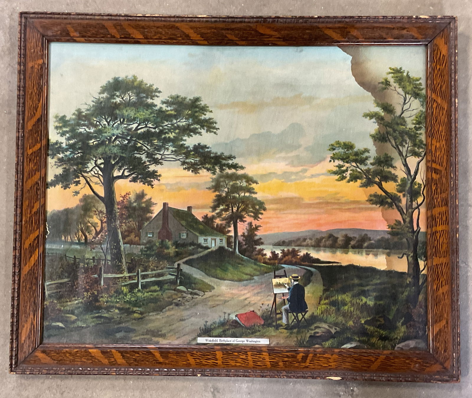 Currier & Ives Wakefield George Washington Litho: Framed lithograph. Originally published by Currier & Ives. This print publication unknown. Wakefield, birthplace of George Washington. Artist painting with landscape and home in background. Wood frame