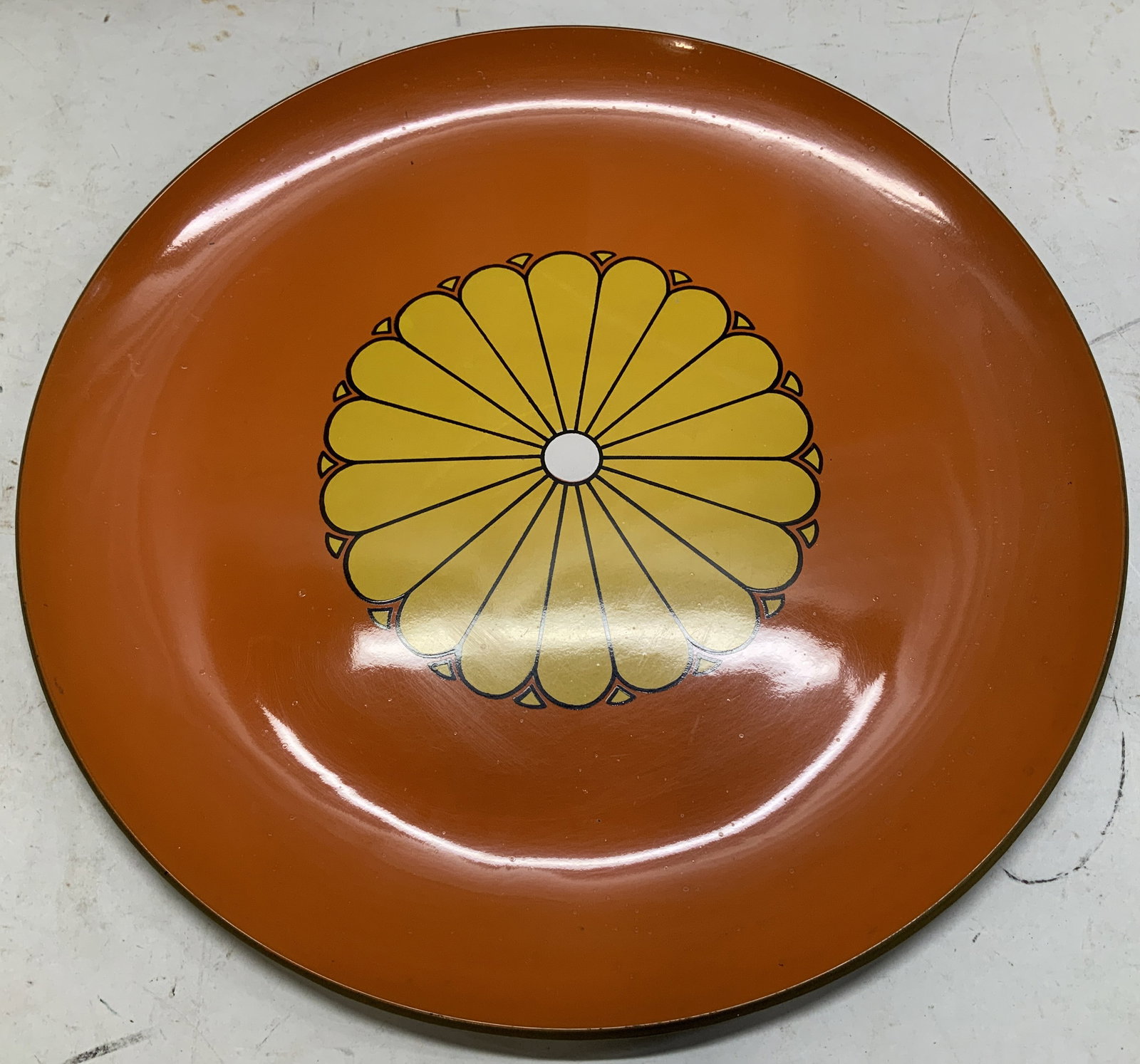 Vtg Takahashi Orange & Yellow Serving Tray JAPAN: Vintage large serving platter is orange, yellow & black toned. Center features yellow petals. Appears to be melamine material. Signed & marked on underside. Reads, MADE IN JAPAN. TAKAHASHI. SAN FRANCI