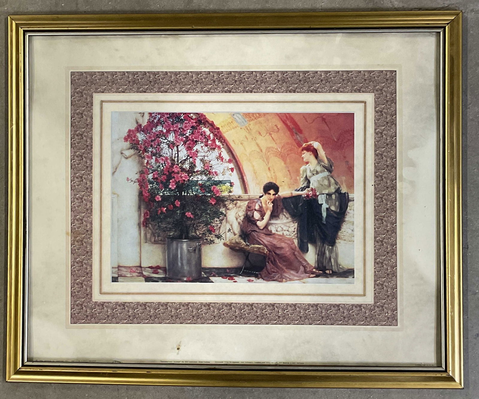 Framed Alma Tadema Unconscious Rivals Litho: Framed lithograph. After Sir Lawrence Alma Tadema, Unconscious Rivals. Two women. Gilt wood frame. Not examined out of frame. Frame measures approx. 17.75 x 21.75 inches. Some foxing. Art, fine art pr