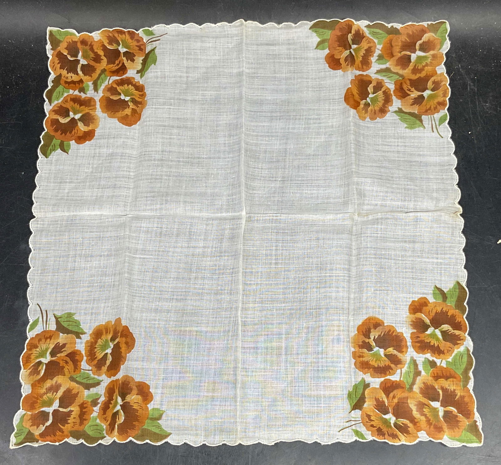 Vtg Orange White Floral Cotton Handkerchief: Vintage floral print cotton handkerchief in orange and white. Scalloped edge. Measures approx. 13.25 x 13.25 inches. Wear including discoloration. Handkerchief, vintage handkerchief, collectible