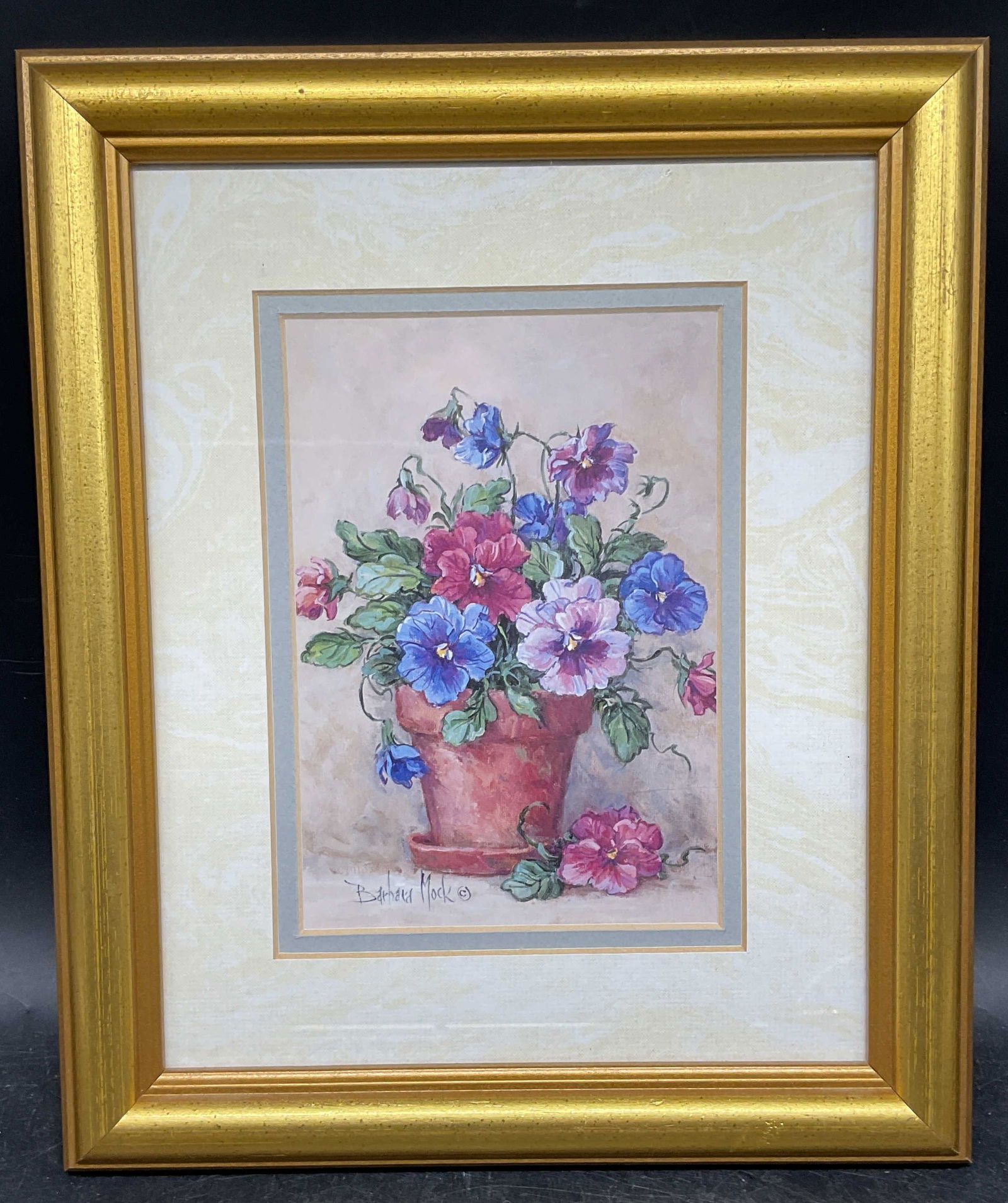 Framed Barbara Mock Still Life Flowers Litho: Framed and matted lithograph. Barbara Mock. Still life with pot of flowers. Gilt wood frame. Not examined out of frame. Frame measures approx. 12 x 10 inches. Some wear consistent with exposure. Art,