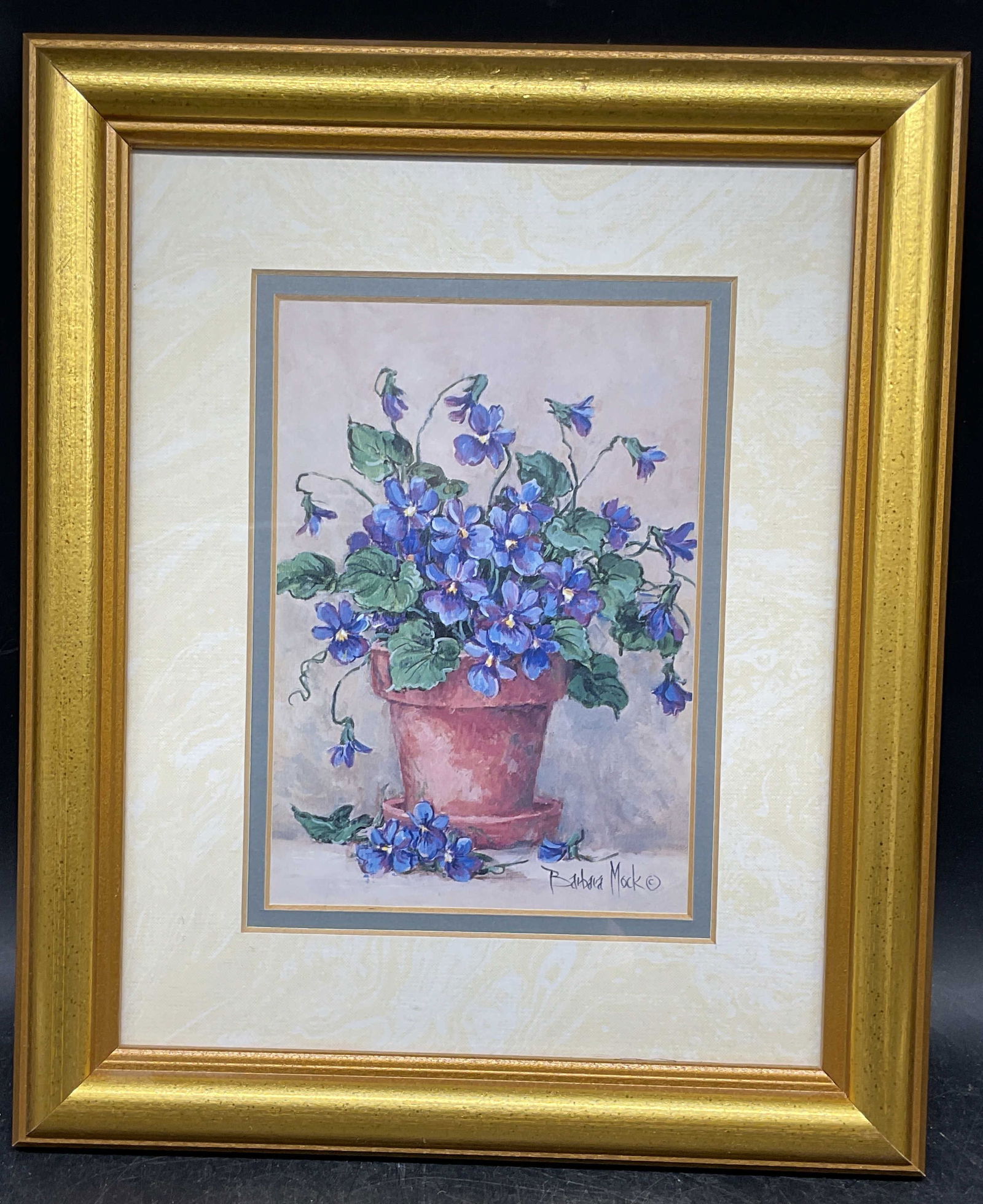 Framed Barbara Mock Still Life Flowers Litho: Framed and matted lithograph. Barbara Mock. Still life with pot of flowers. Gilt wood frame. Not examined out of frame. Frame measures approx. 12 x 10 inches. Some wear consistent with exposure. Art,