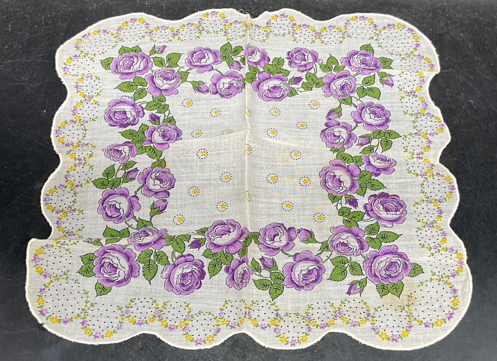 Vtg Purple White Floral Cotton Handkerchief: Vintage floral print cotton handkerchief in purple and white with scalloped edge. Measures approx. 11 x 11.75 inches. Some blemishes. Handkerchief, vintage handkerchief, collectible handkerchief,