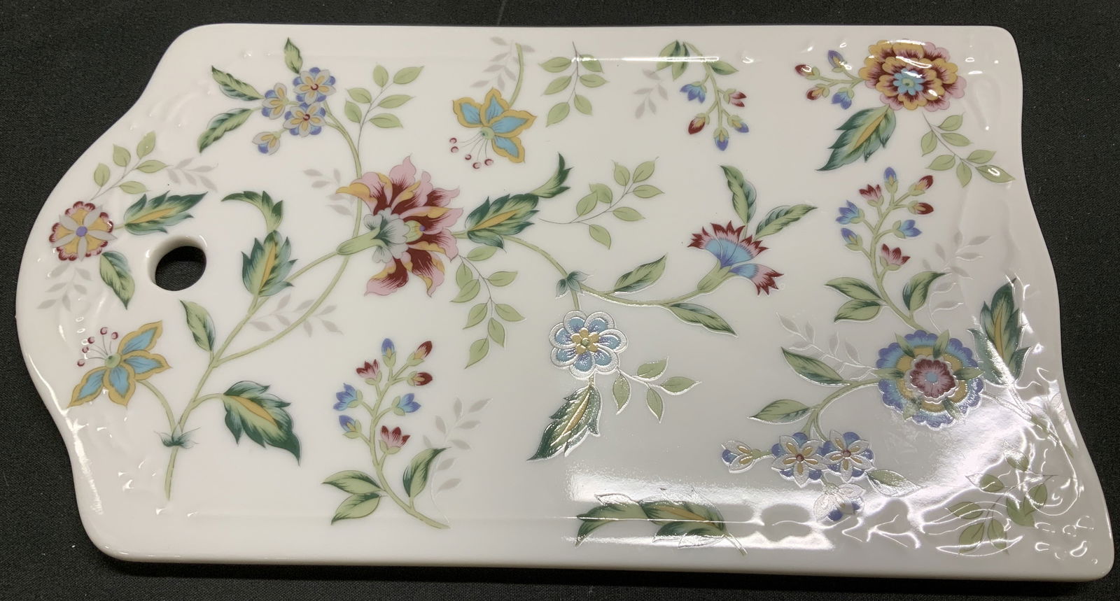 Andrea By Sadek Floral Porc Cheese Board: Andrea by Sadek Buckingham porcelain cheese and cracker board, featuring multicolored floral motifs. Signed & marked on underside. Reads, ANDREA BY SADEK. MADE IN JAPAN. Surface wear consistent to age