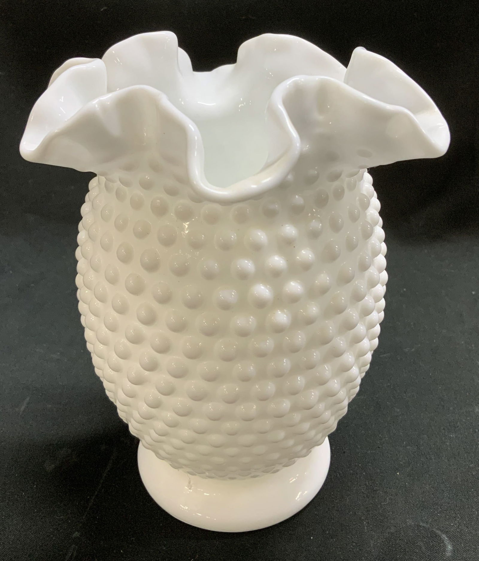 Vtg Milk Glass Hobnail Vase 6in: Vintage milk glass vase featuring a double crimped ruffle edge & textured hobnail pattern. Surface wear consistent to age, use & exposure. No visible signature or markings. Measurements: length 4.8in