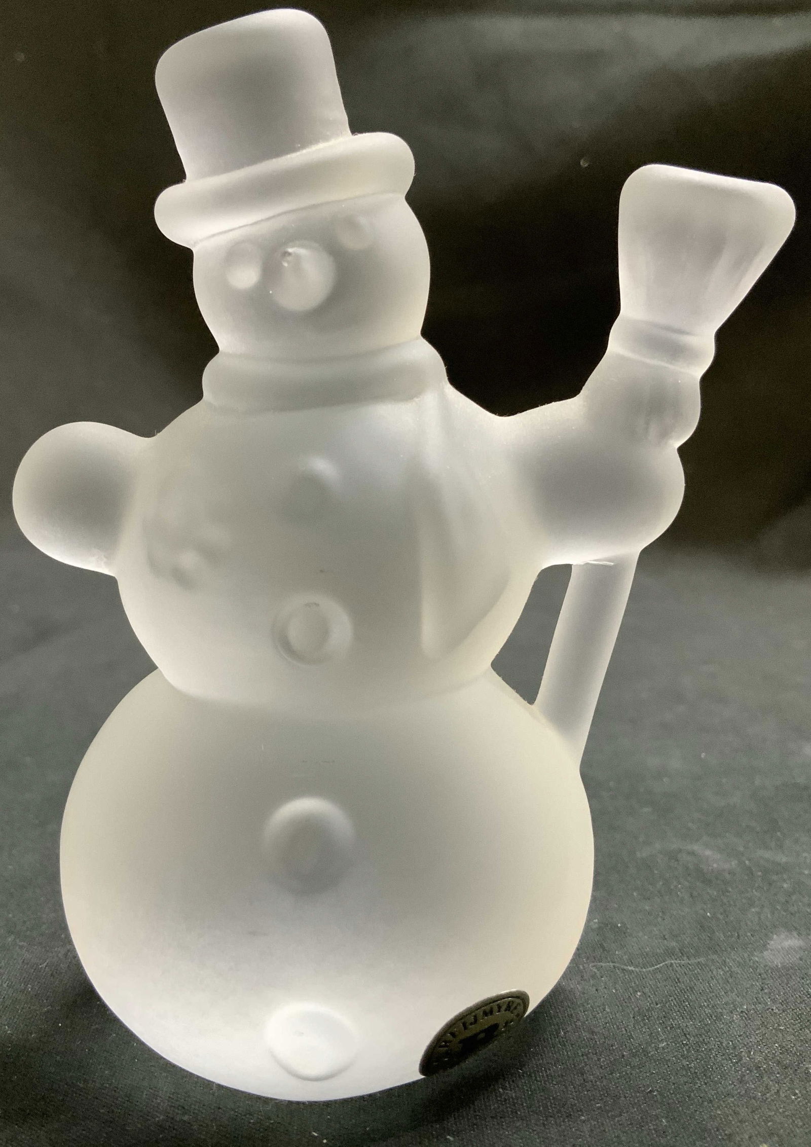 Vtg Reijymyre Crystal Frosted Snowman Fig SWEDEN: Vintage crystal frosted snowman figurine featuring a top hat & broom accessory. Signed & marked. Reads, REIJMYER 18 10 R Sweden. Surface wear consistent to age, use & exposure. Measurements: length 2.