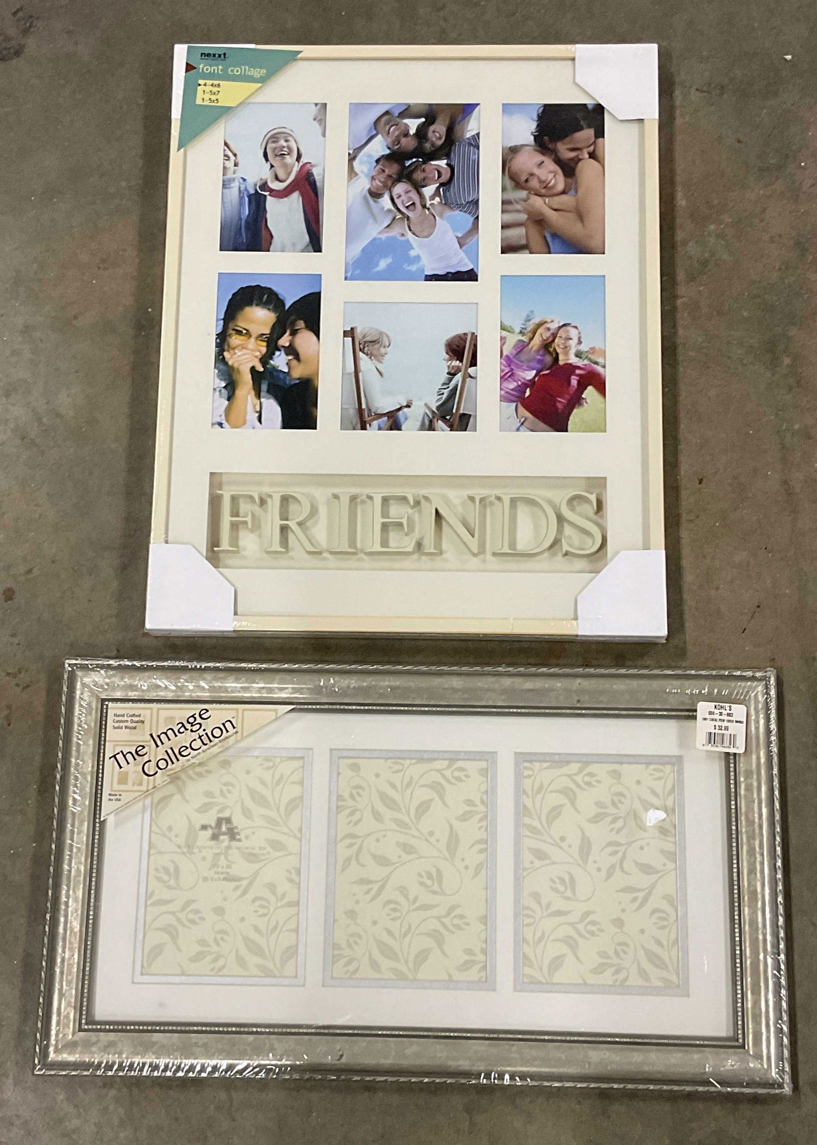 Lot 2 NA Enclosures & Nexxt Picture Frames NWT: Lot of 2 picture frames. North American Enclosures silver tone wood picture frame with triple mat. Window measures approx. 10 x 20 inches, windows approx 5 x 7 inches. Nexxt collage photo frame with f