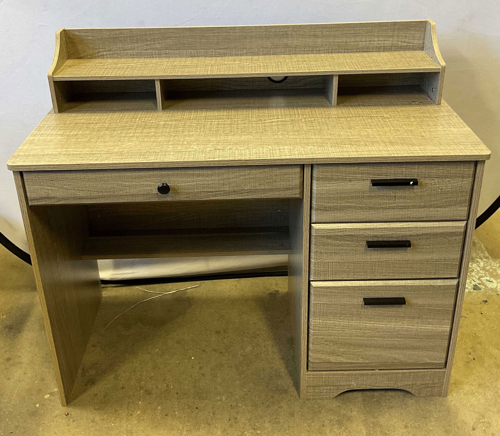 Grey Wood Desk with Drawers & Hutch (1 of 7)