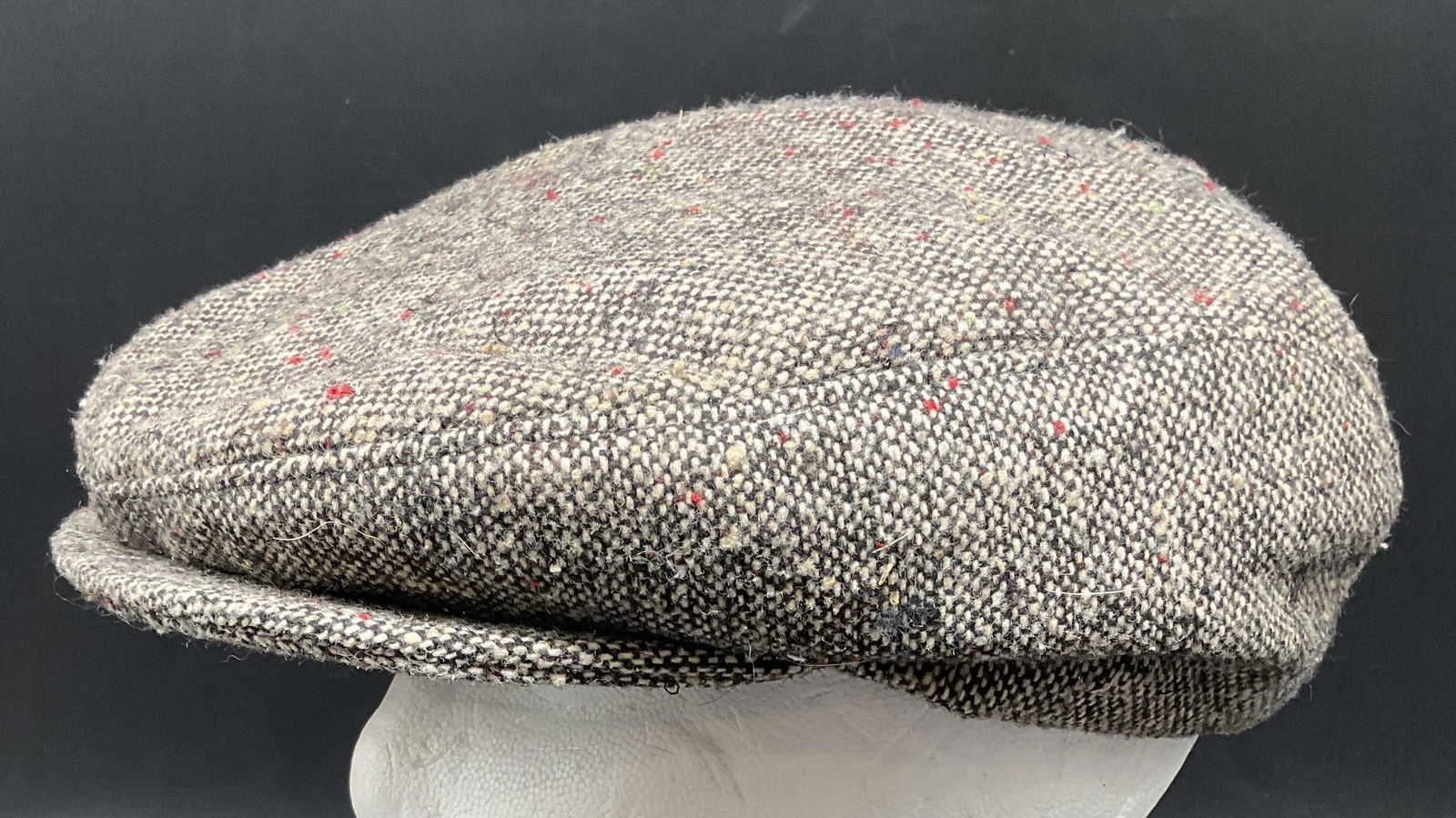 Vintage Black Wool Tweed Hat USA: Vintage black multicolor tweed wool hat, made in USA. Size x large 7 1/2-7 5/8. Wear including discoloration and holes. Hat, vintage hat, wool hat, tweed hat, black hat, accessories, fashion accessori