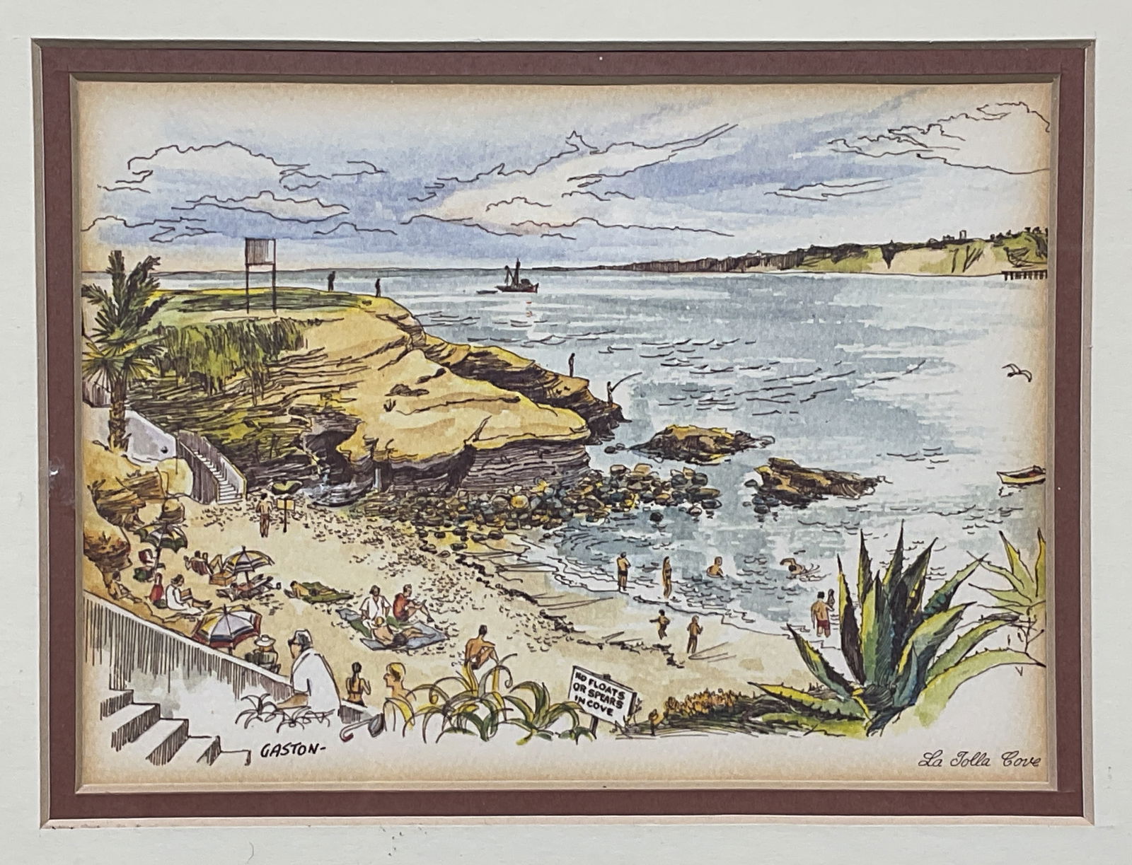 Framed Gaston La Jolla Cove Lithograph: Framed and matted lithograph. Signature in print, Gaston. La Jolla Cove. Beach landscape with figures. Gold tone metal frame. Not examined out of frame frame measures approx. 8.25 x 10.25 inches. Some