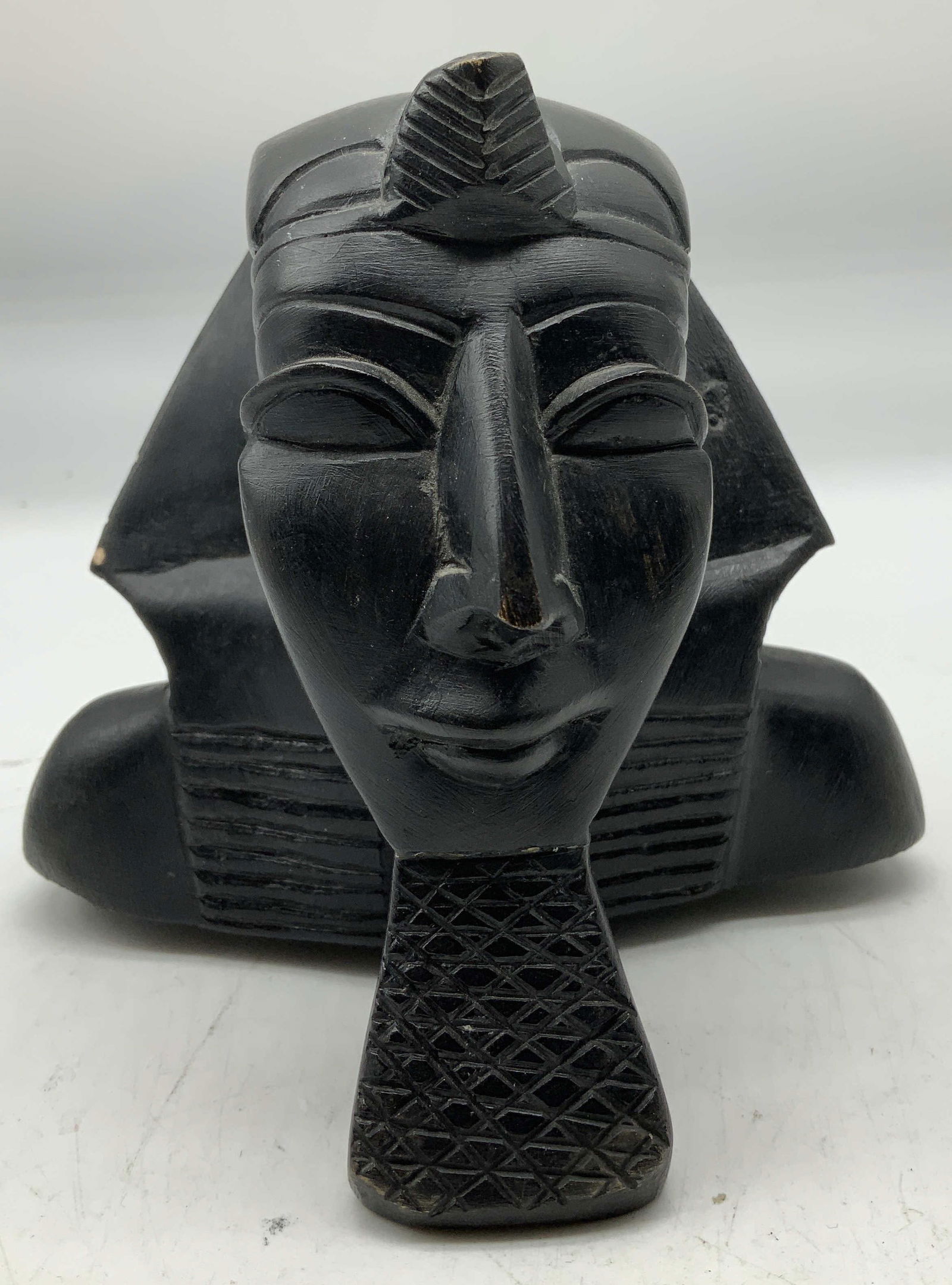 Vtg Egyptian Pharaoh Bust 4.8in: Vintage Egyptian pharaoh bust figurine features carved detailing. Black toned & is composite material. No visible signature or markings. Surface wear consistent to age, use & exposure. Measurements: l