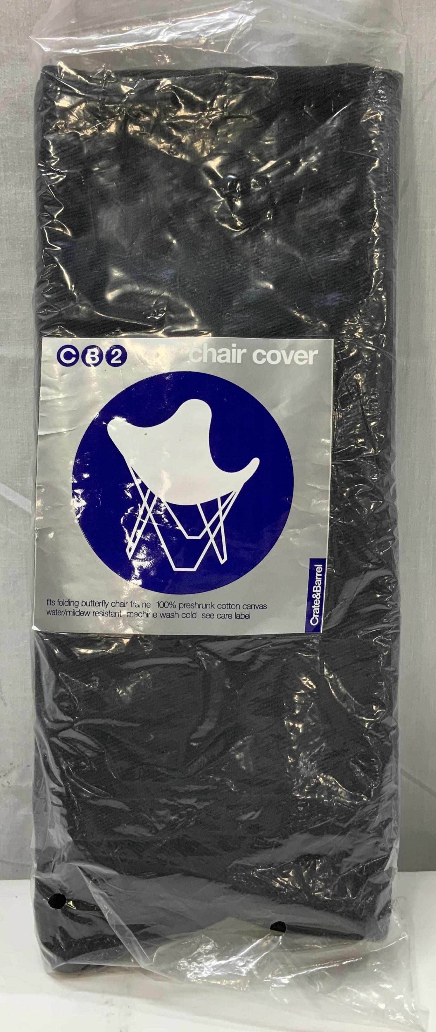 Crate & Barrel Chair Cover NIP: Crate & Barrel chair cover is 100% preshrunk cotton canvas. Fits folding butterfly chair frame. New in plastic. Signed & marked. Reads, CRATE & BARREL. Surface wear consistent to age, use &