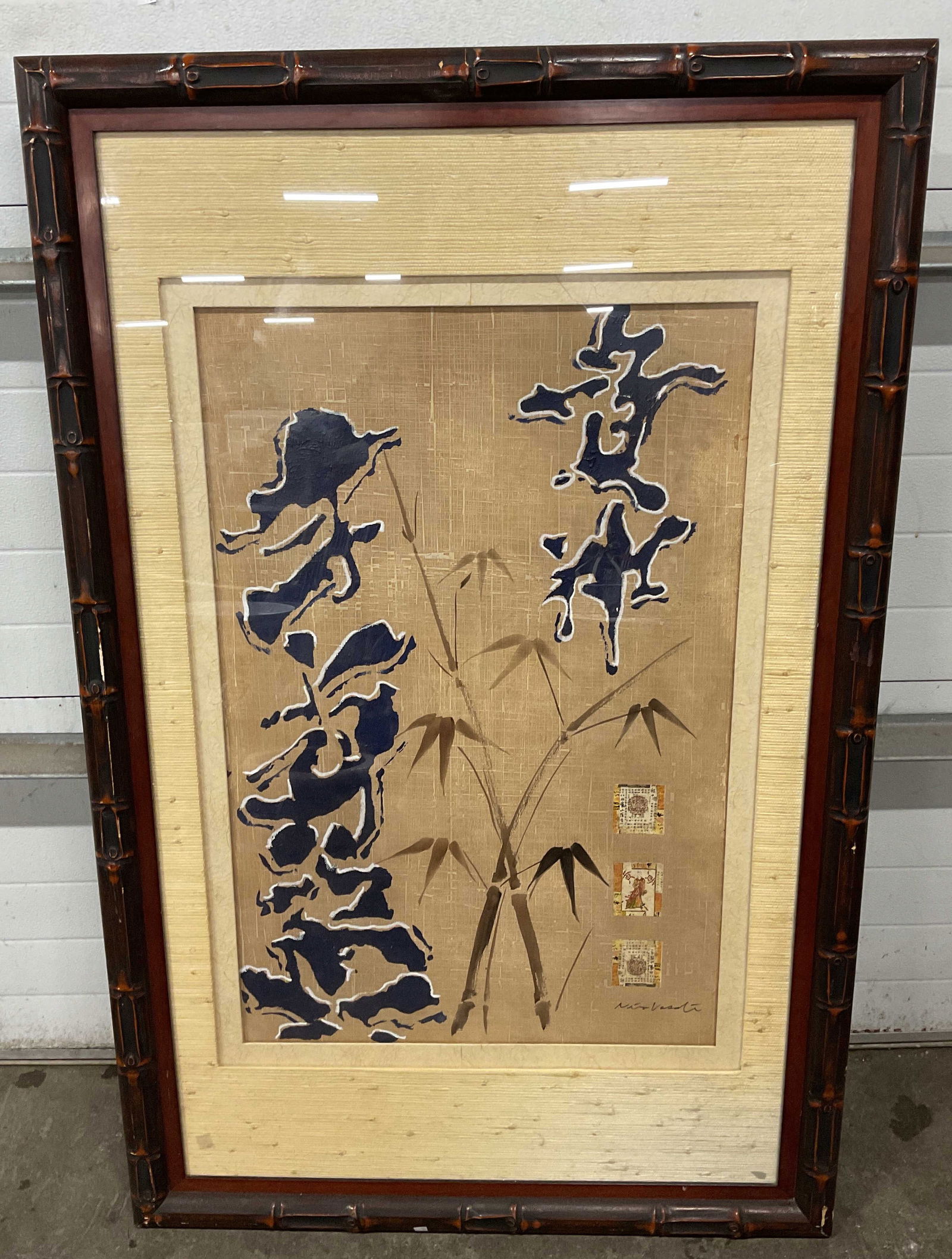 Sgnd Asian Calligraphy Bamboo Mixed Media Art 55in: Framed and matted mixed media artwork. Signed lower right, illegibly. Bamboo motif with calligraphy. Faux bamboo wood frame. Not examined out of frame. Frame measures approx. 55.5 x 35.5 inches.