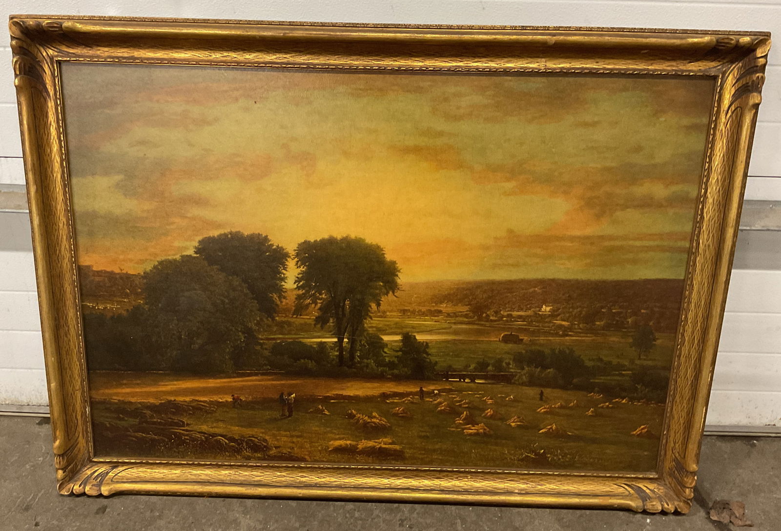 Framed After Innes Peace & Plenty Lithograph 50in: Framed lithograph on board. After George Innes, Peace and Plenty. Pastoral scene with landscape and figures. Decorative gilt wood frame. Not examined out of frame. Frame measures approx. 36.25 x