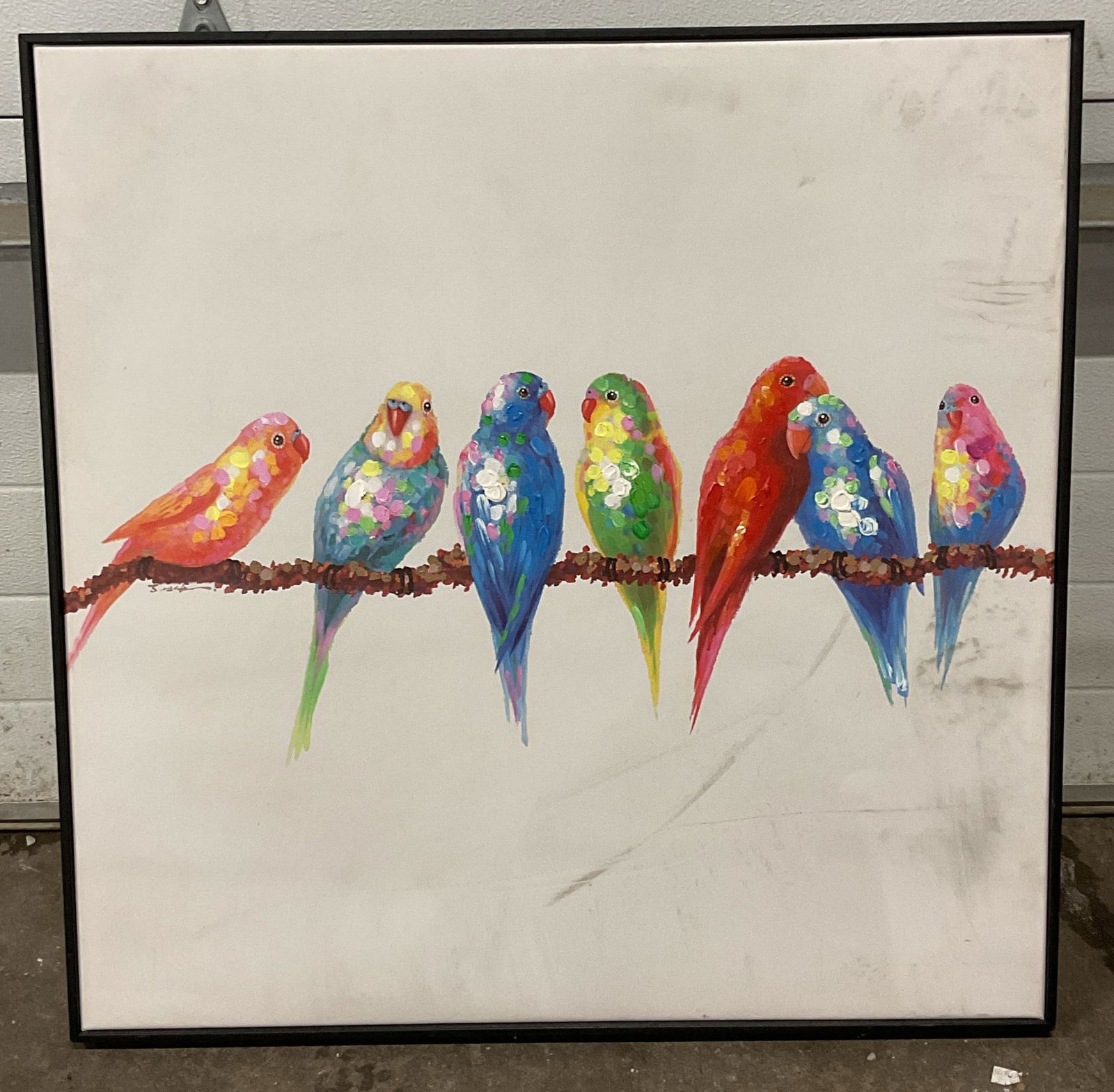 Ambarart Hand Embellished Bird Canvas Art: Framed hand embellished canvas art. Label reads Ambarart Artist Edition. Colorful birds. Black frame. Not examined out of frame. Frame measures approx. 28.5 x 28.5 inches. Wear including marks