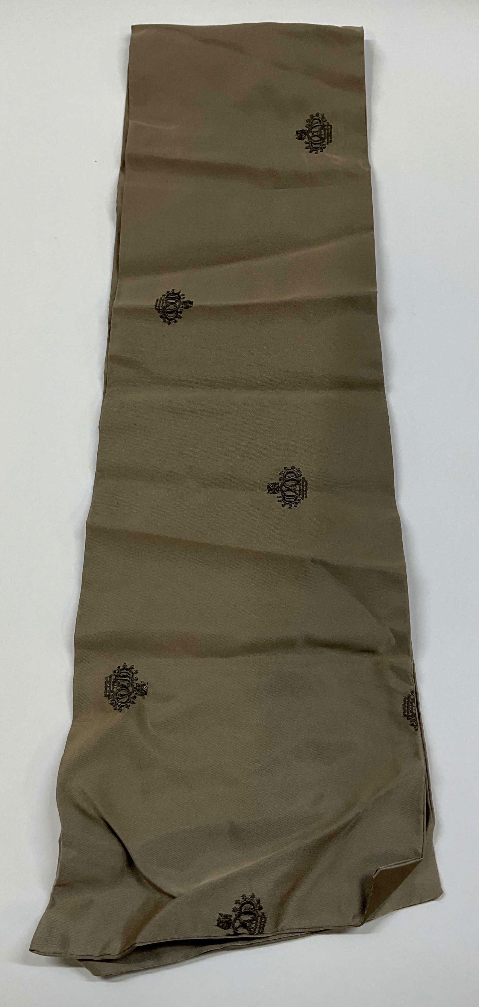 Vintage Embroidered Crown Silk Scarf: Vintage embroidered crown silk scarf. Silk material. Grey color. Embroidered crown motif with ornate details. Measures approx 6 x 43 inches. Wear consistent with exposure. Scarf, silk scarf,