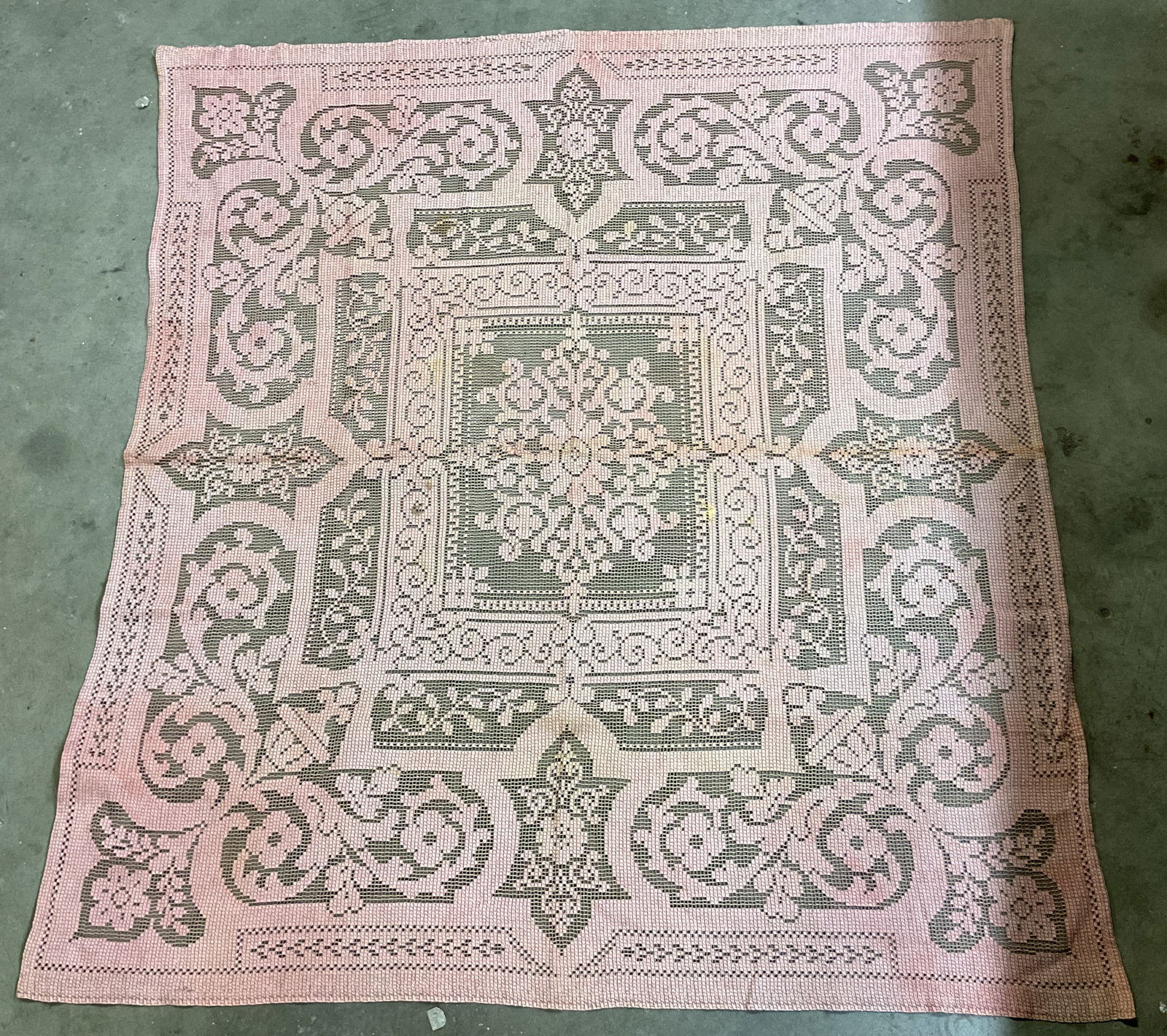 Vintage Pink Lace Tablecloth: Vintage pink lace tablecloth. Lace/cotton feel. Floral and scroll motifs. Measures approx 43 x 48 inches. Blemishes observed. Tablecloth, table linens, vintage linens, tableware, home decor, table dec