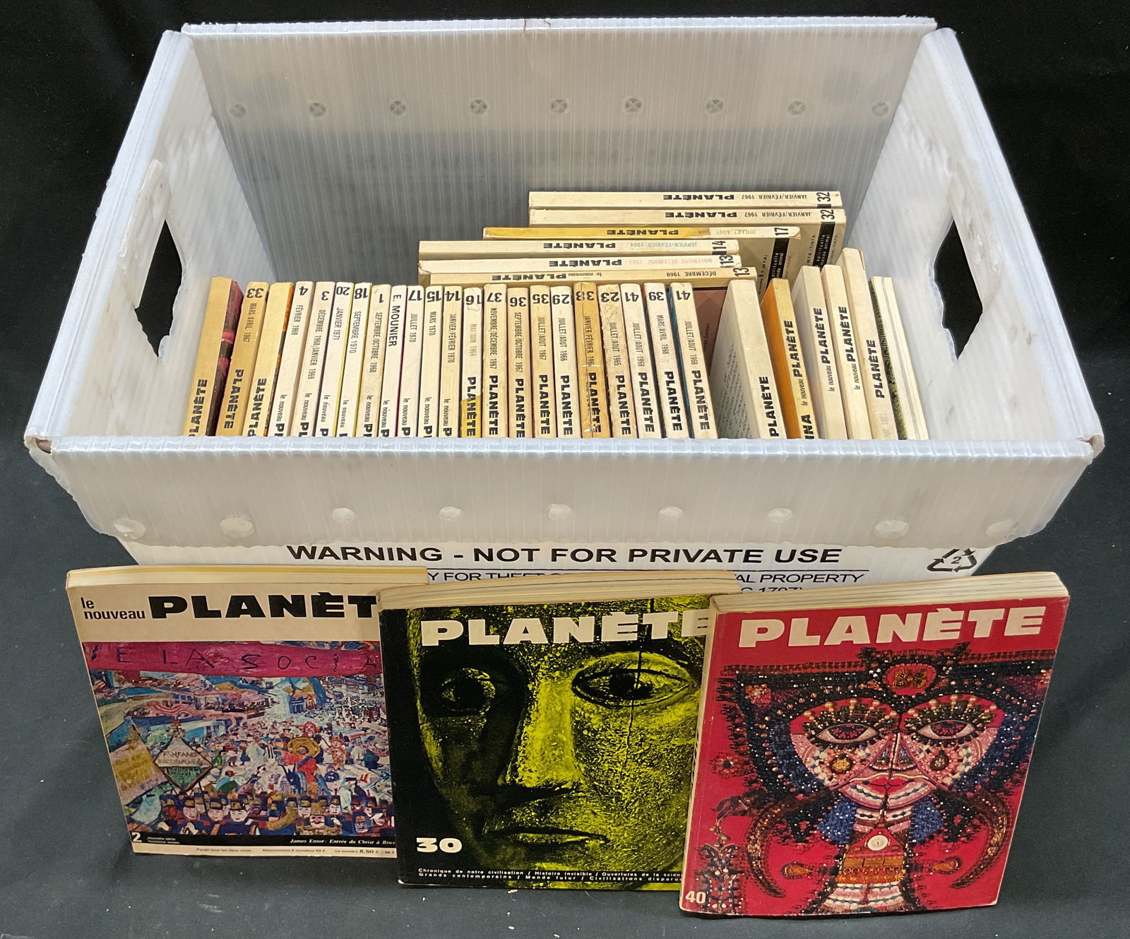 Lot 37 Le Nouveau Planete Magazines 1960s-70s+: Lot of 37 magazines. Le Nouveau Planete. Ranging from 1960s to 1970s. Soft cover with illustrated cover. Contains text and illustrations. Text reads in French. Measures approx 7 x 8 inches. Surface we