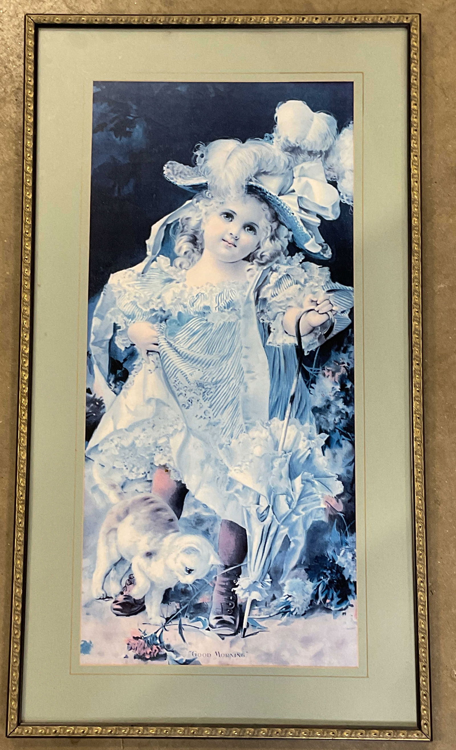 Framed Good Morning Girl & Cat Lithograph 34in: Framed and matted lithograph. Good Morning. Girl and cat. Black and silver tone wood frame. Not examined out of frame. Frame measures approx. 34 x 19 inches. Wear including discoloration and scratchin