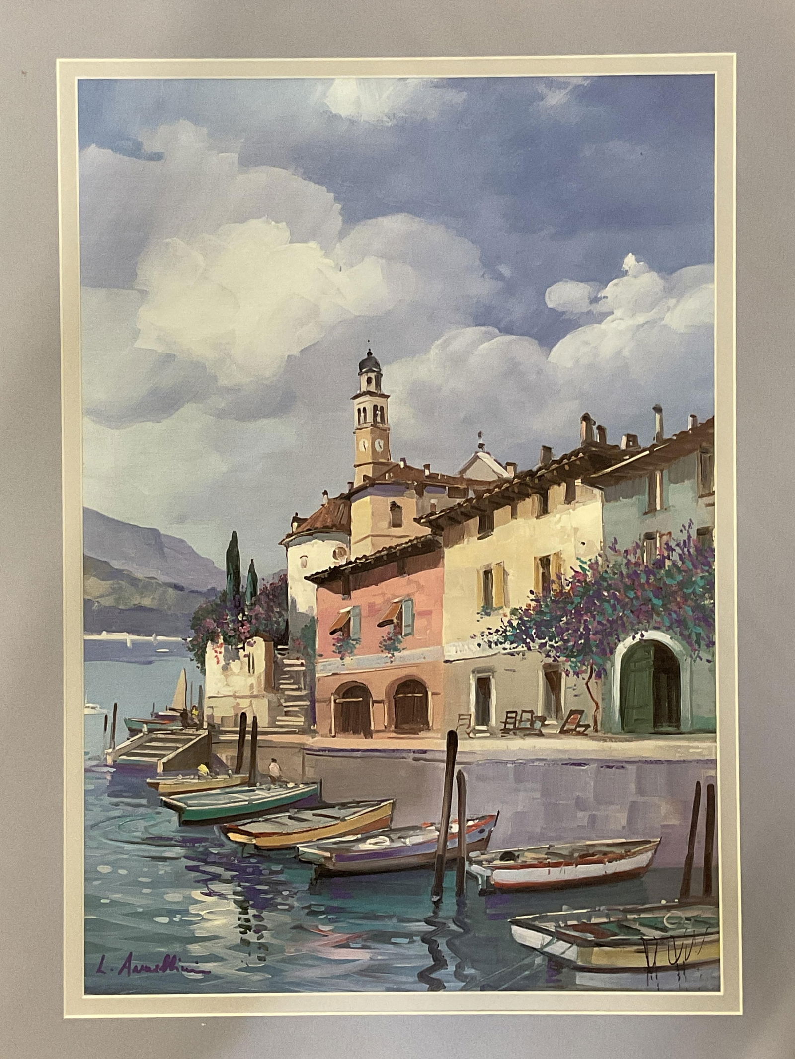 Framed Armellini Italian Scene Lithograph 26in: Framed and matted lithograph on paper. Signature in print, Luca Armellini. Italian scene with view of boats, water, and buildings. Silver tone frame. Not examined out of frame. Frame measures approx.