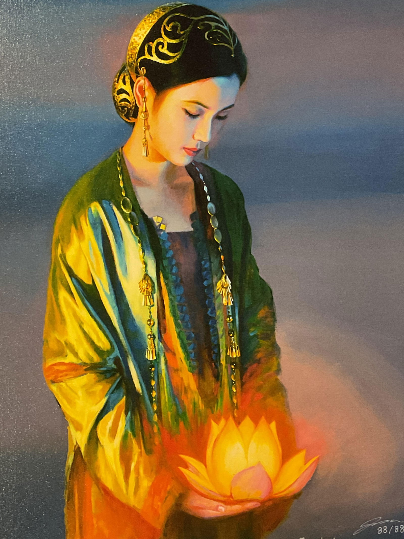 Signed JIA Woman Ltd Edt Fine Art Print 2004 25in: Framed limited edition fine art print on canvas. Woman with lotus. Signed and inscribed lower right partially legible. For Judy, Love JIA, 2004. Edition number 88/88. Gilt wood frame. Not examined min