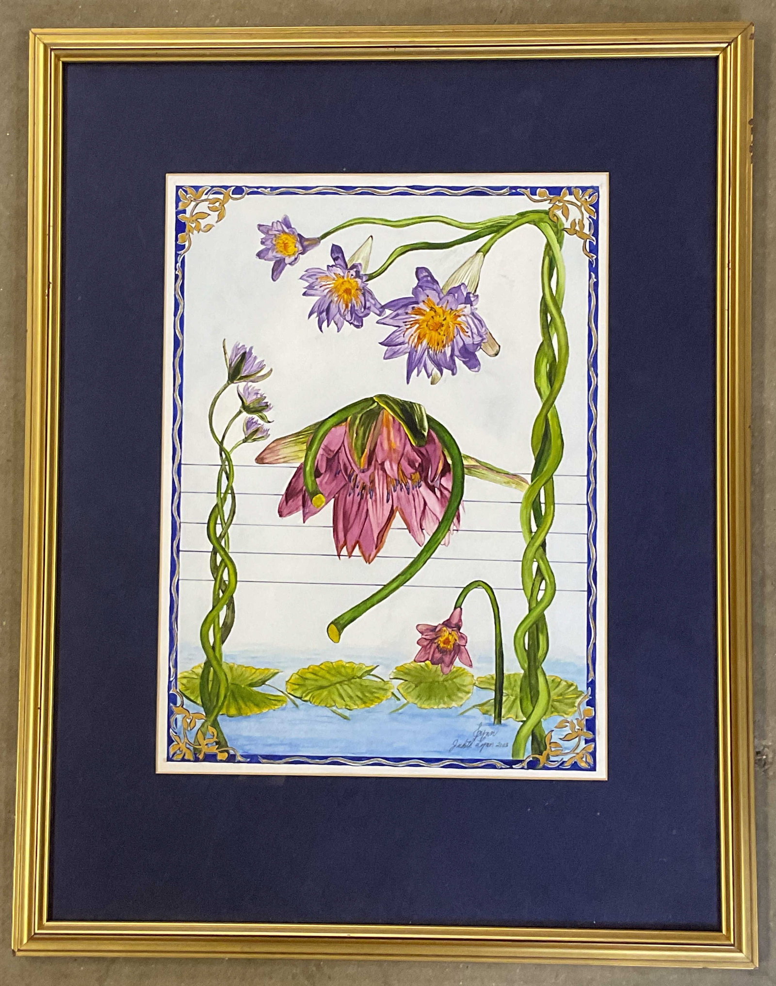 Sgnd Judith Lynn Flowers Watercolor Pntng 24in 2003: Framed and matted watercolor painting with gold leaf. Flowers. Signed lower right, Judith Lynn, 2003. Gold leaf frame. Not examined out of frame. Frame measures approx. 24 x 19 inches. Some wear consi