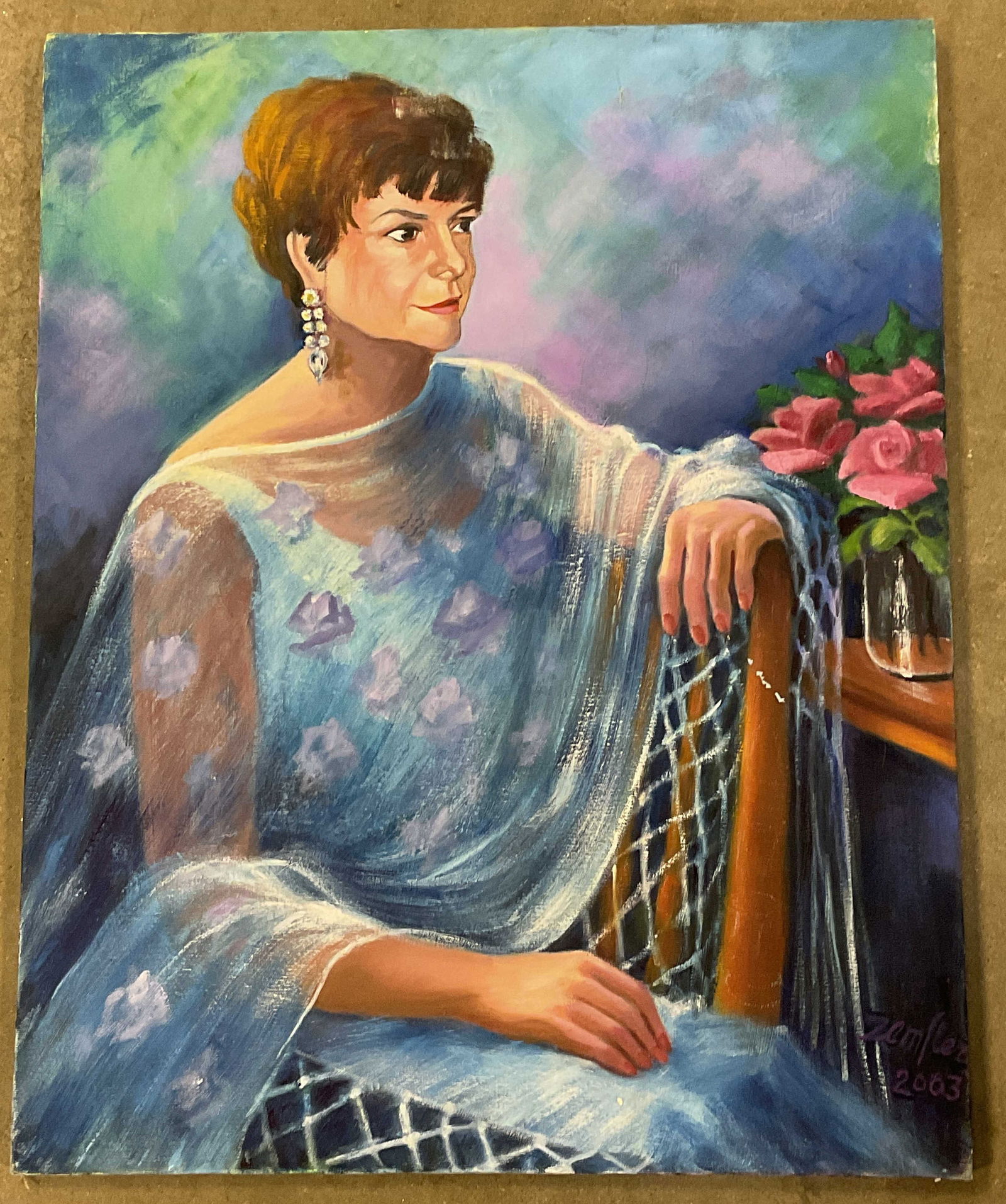 Signed Portrait of a Woman Oil Painting 25in 2003: Oil on canvas painting. Signed and dated lower right, illegible, 2003. Portrait of a seated woman. Measures approx. 25 x 20 inches. Wear including scratching, loss to pigments, craquelure. Art, framed