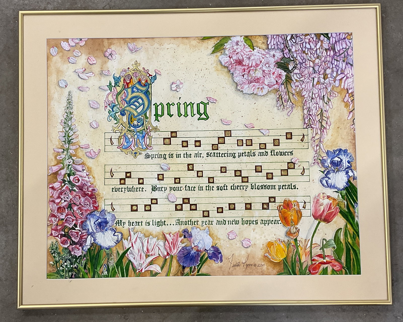 Sgn Judith Lynn Spring Flowers Watercolor 2011 27i: Framed and matted watercolor painting with gold leaf. Signed lower center, Judith Lynn, 2011. Spring music and flowers motif. Gold tone frame. Not examined out of frame. Frame measures approx. 22 x 27