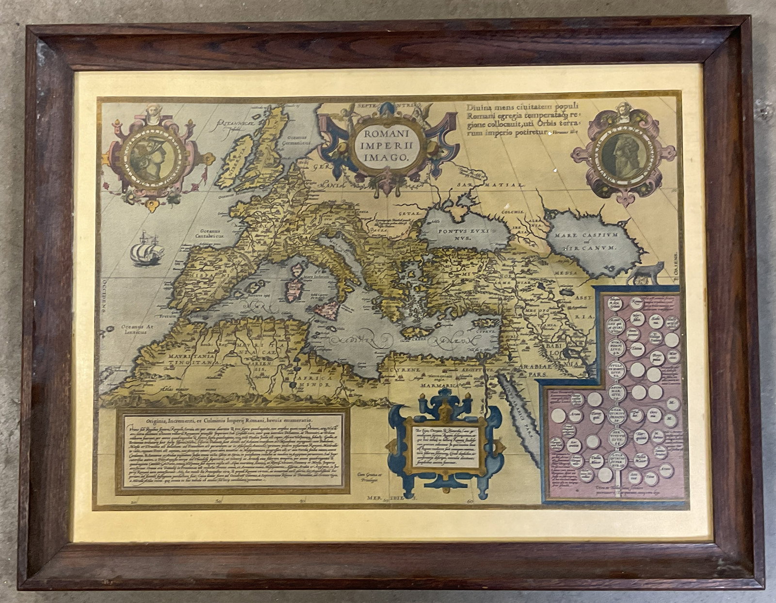 Framed Romani Imperii Imago Repro Map 26in: Framed reproduction of the Romani Imperii Imago map. After Abraham Ortelius. Ancient Roman Empire. Wood frame. Not examined out of frame. Frame measures approx. 20.5 x 26.5 inches. Wear including scra