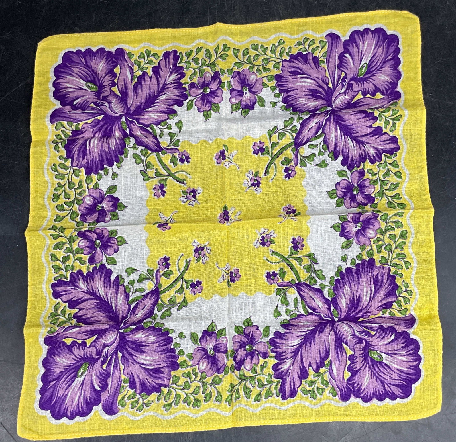 Vtg Yellow Purple Floral Cotton Handkerchief: Vintage yellow and purple floral print cotton handkerchief. Measures approx. 10 x 10.5 inches. Some blemishes. Handkerchief, Vintage handkerchief, collectible handkerchief, accessories, fashion access