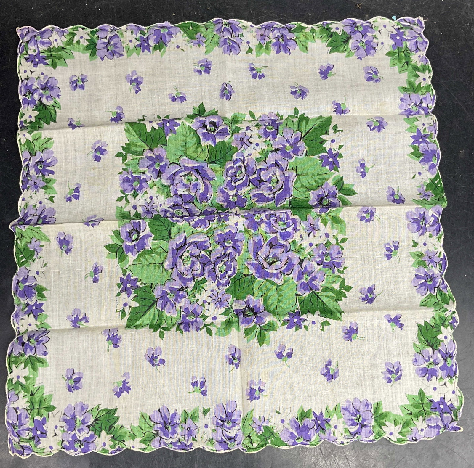 Vtg Purple Green Floral Cotton Handkerchief: Vintage purple and green floral print cotton handkerchief with scalloped edge. Measures approx. 12.25 x 12.25 inches. Some blemishes. Handkerchief, Vintage handkerchief, collectible handkerchief, acce