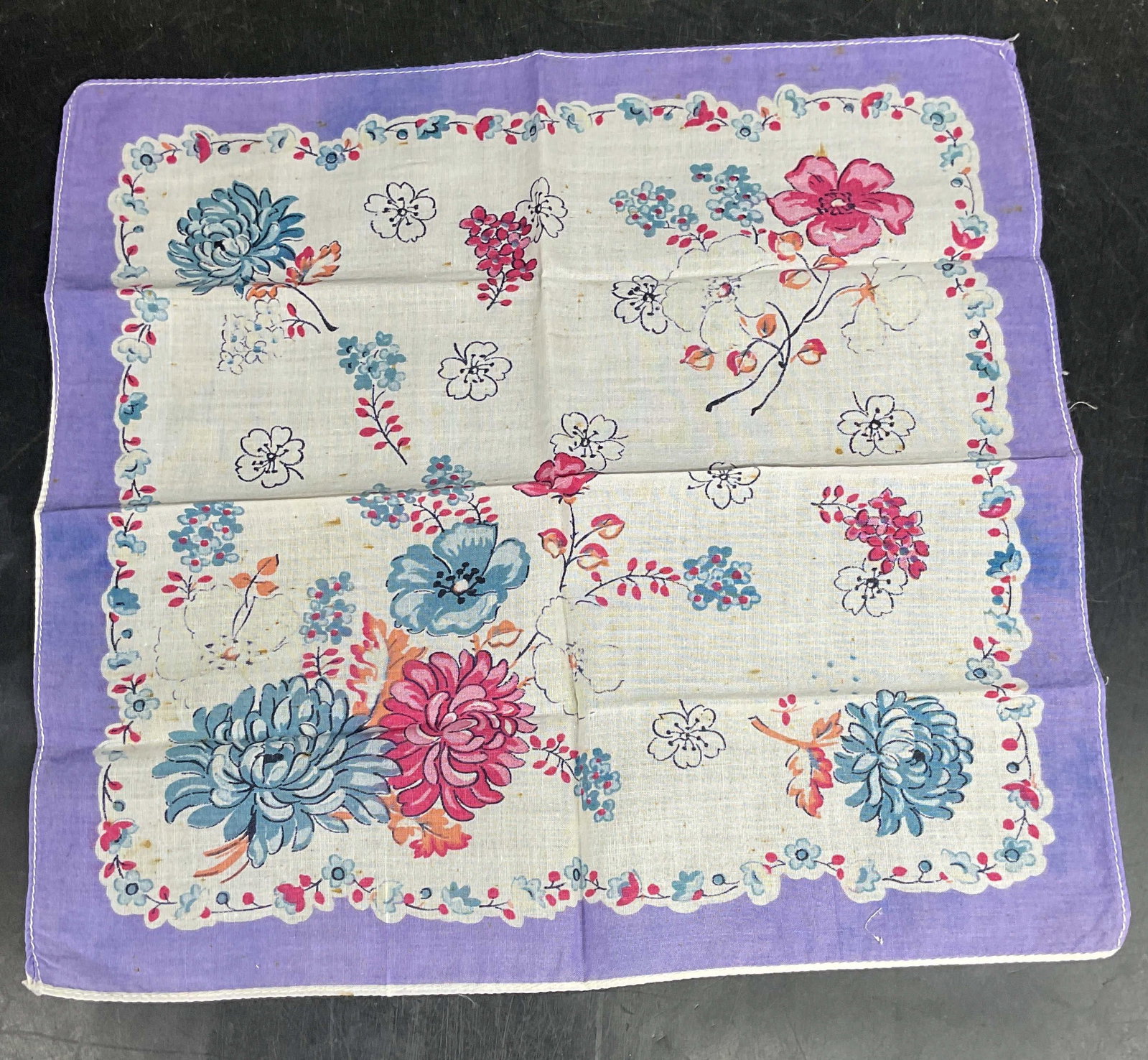 Vtg Purple Pink Floral Cotton Handkerchief: Vintage purple, pink and blue floral print cotton handkerchief. Measures approx. 11.75 x 10.75 inches. Some blemishes. Handkerchief, Vintage handkerchief, collectible handkerchief, accessories, fashio