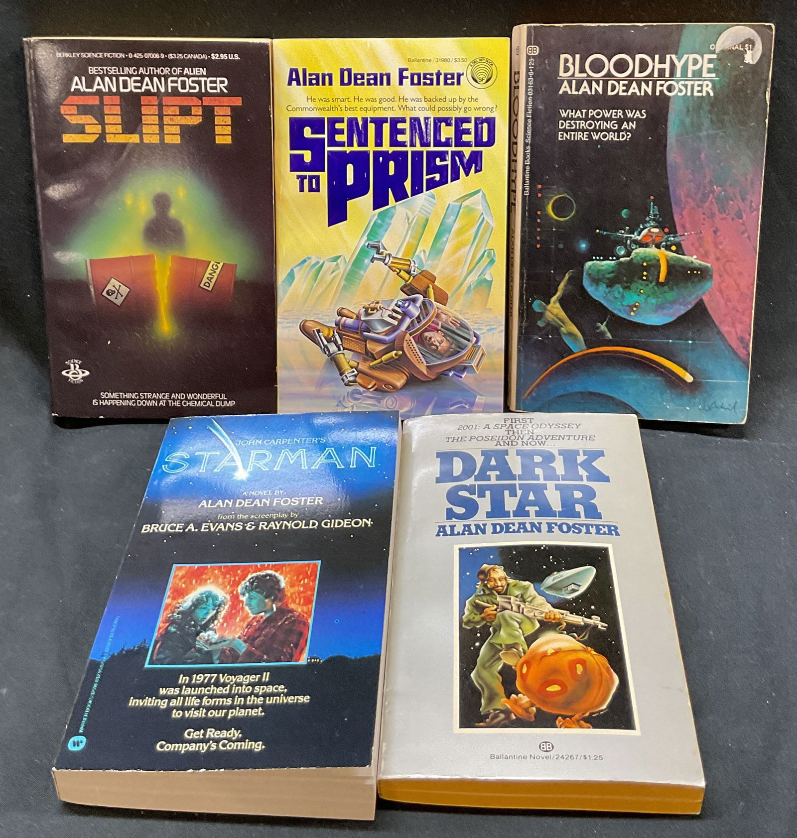 Lot 5 1st Ed Alan Dean Foster Sci Fi Bks 1970s-80s: Lot of 5 books. Science fiction books by Alan Dean Foster. Titles include Slipt (Berkley Books, 1984), Sentenced To Prism (Ballantine Books, 1985, first edition), Bloodhype (Ballantine Books, 1973), D