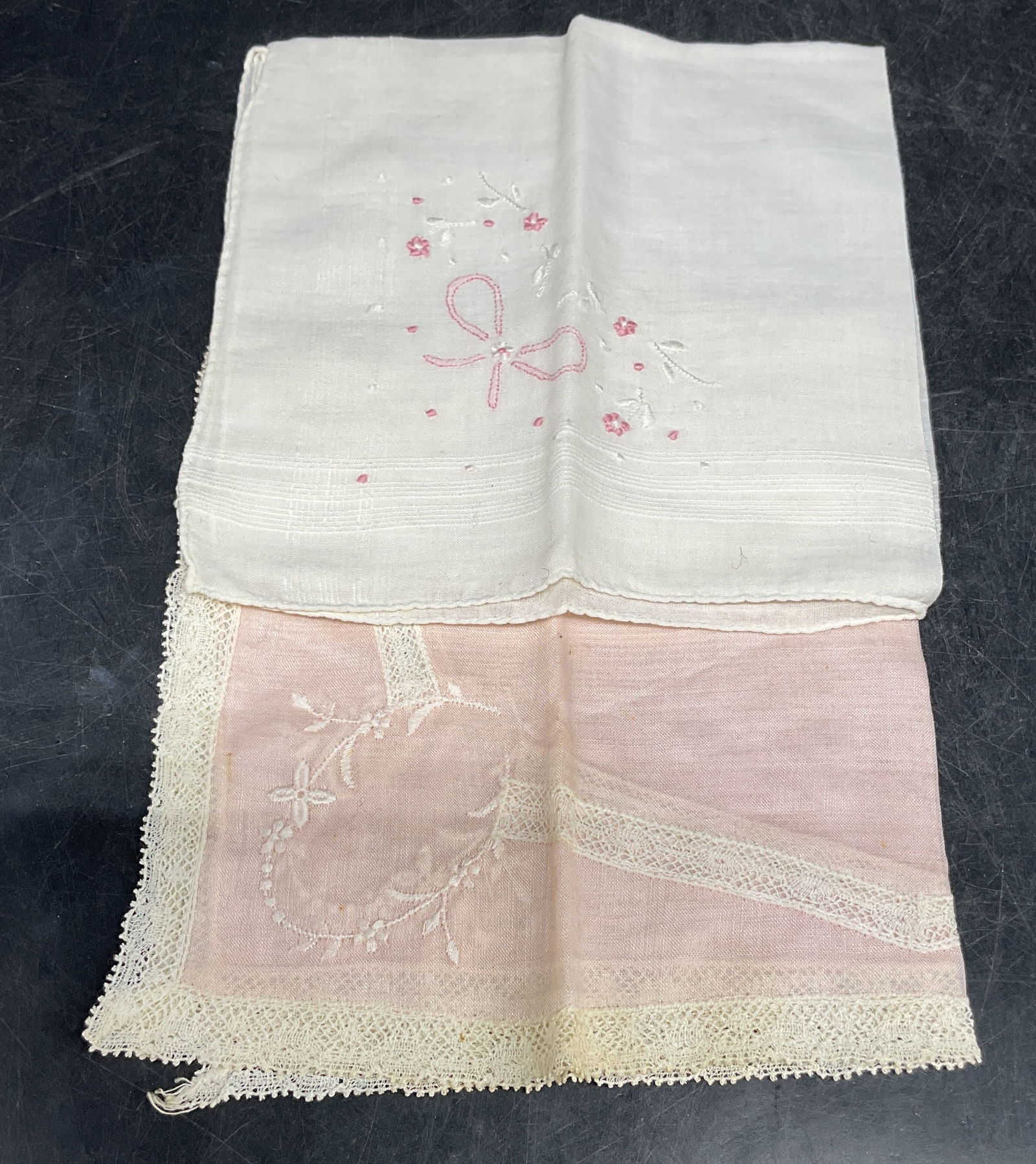 Lot 2 Pink & White Lace Embroidered Handkerchiefs: Lot of 2 vintage cotton handkerchiefs in pink and white lace and embroidered detail. Largest measures approx. 12 x 11 inches. Some blemishes and tearing. Handkerchief, Vintage handkerchief, collectibl