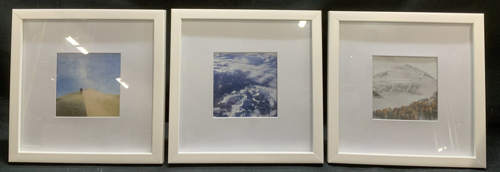 Lot 3 White Wooden Frames 9in: Lot includes, 3 white wooden frames. Features landscape in center. No visible signature or markings. Surface wear consistent to age, use & exposure. Measurements: height 9in x width 9in. White wooden 