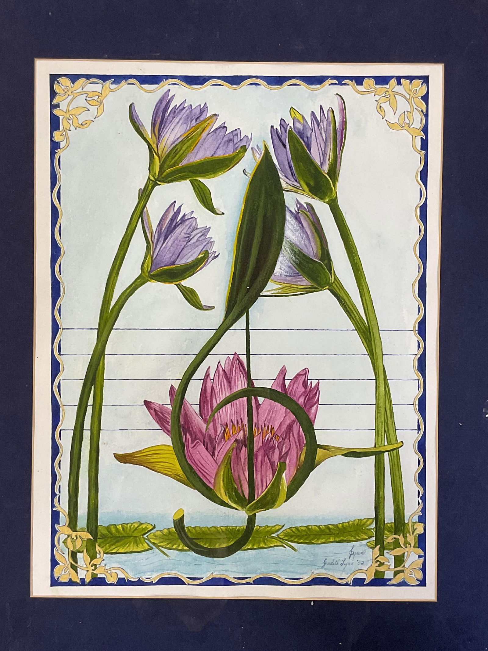 Sgnd Judith Lynn Flowers Music Watercolor 2002 23i: Framed and matted watercolor painting. Signed lower right, Judith Lynn, 2002. Flowers and music note. Gilt wood frame. Not examined out of frame. Frame measures approx. 23.25 x 18.25 inches. Some wear