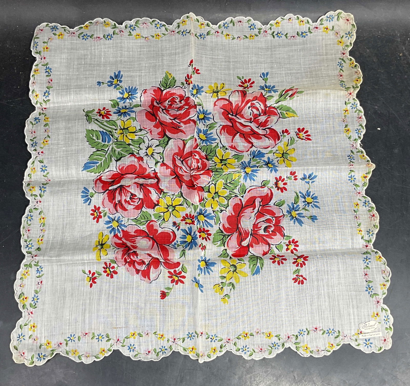 Burmel Red Floral Cotton Handkerchief Swiss: Vintage signed Burmel Original red and white floral print cotton handkerchief with scalloped edge. Made in Switzerland. Measures approx. 13.25 x 13.25 inches. Some blemishes. Handkerchief, Vintage han