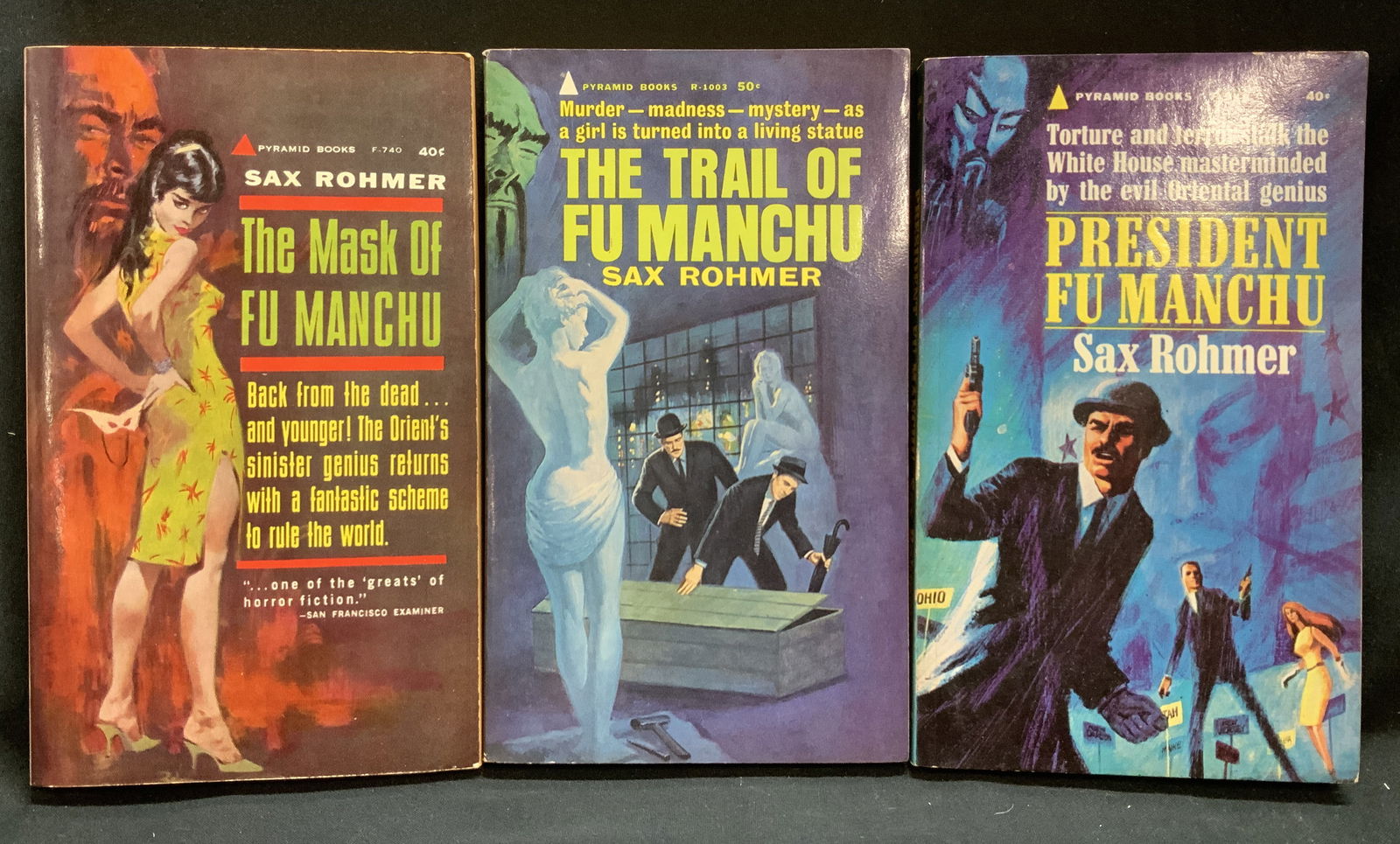 Lot 3 Fiction Pyramid Fu Manchu Books 1960s ROHMER: Lot includes, The Trail of Fu Manchu by Sax Rohmer (1964), The Mask of Fu Manchu by Sax Rohmer (1962) & President Fu Manchu By Sax Rohmer (1963). Pyramid books. Books feature illustrations.