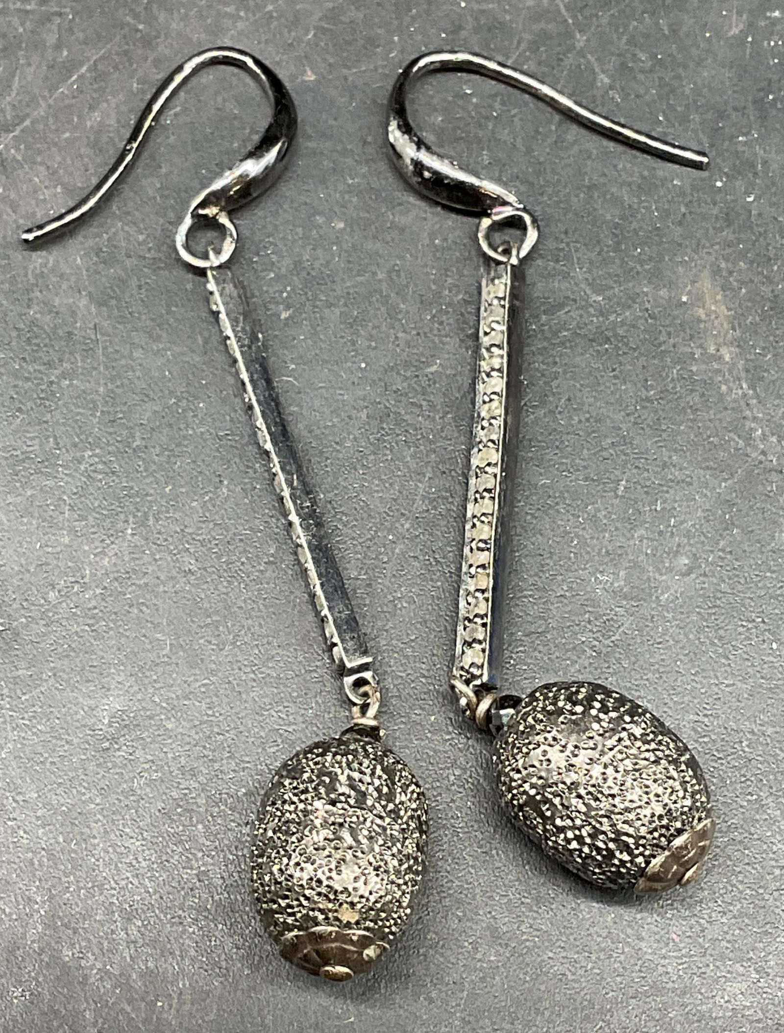 Sterling Silver Semiprecious Dangle Earrings: Sterling silver and semiprecious dangle earrings. Measures approx. 1.5 inches long. Marked sterling. Total weight 3.8 grams. Some scratching. Jewelry, estate jewelry, fine jewelry, cocktail