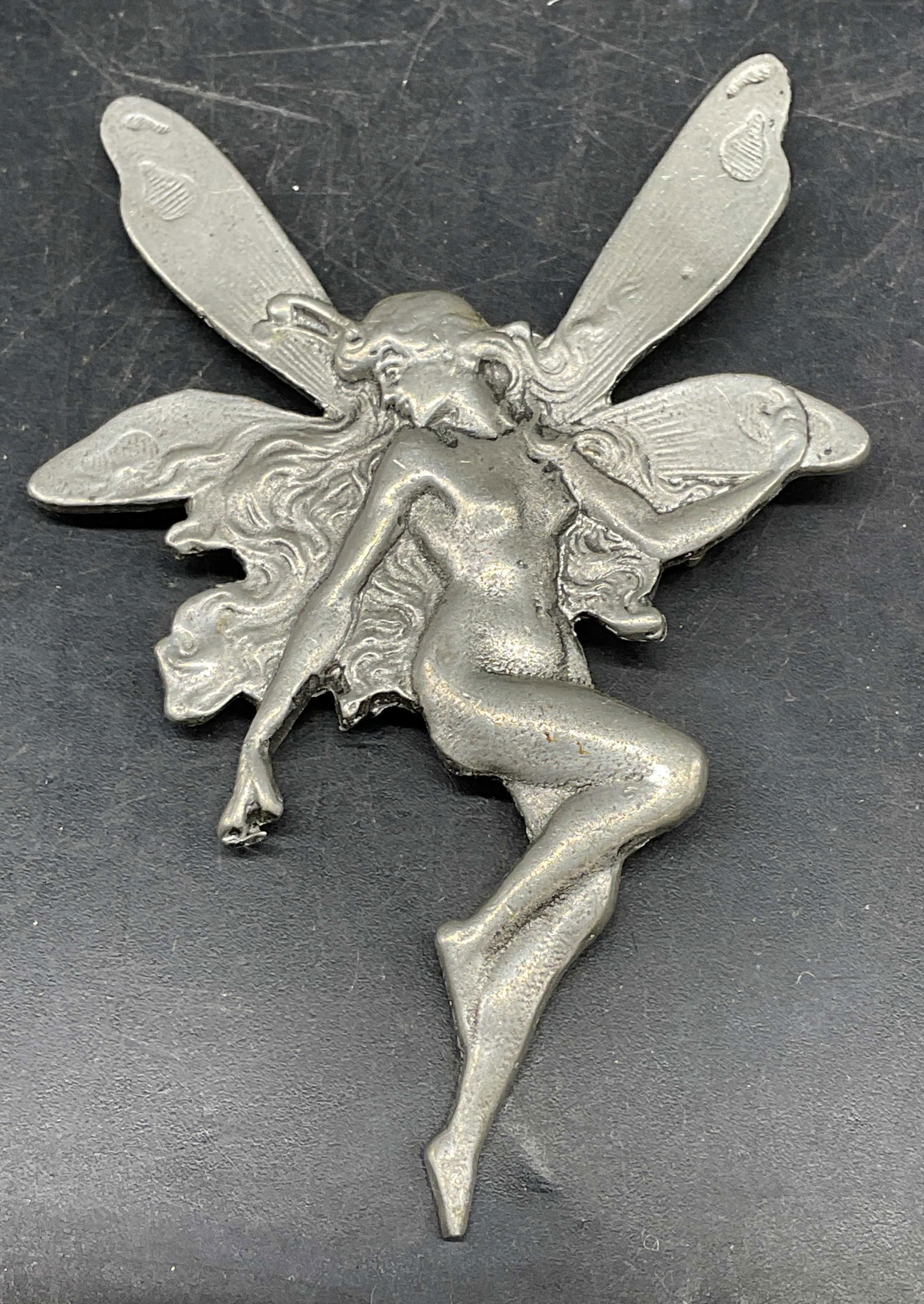 Signed Pewter Fairy Brooch Pendant: Signed B fine pewter fairy motif brooch pendant. Measures approx. 3 x 2 inches. Some scratching. Jewelry, estate jewelry, costume jewelry, cocktail jewelry, fashion jewelry, accessories, fashion acces