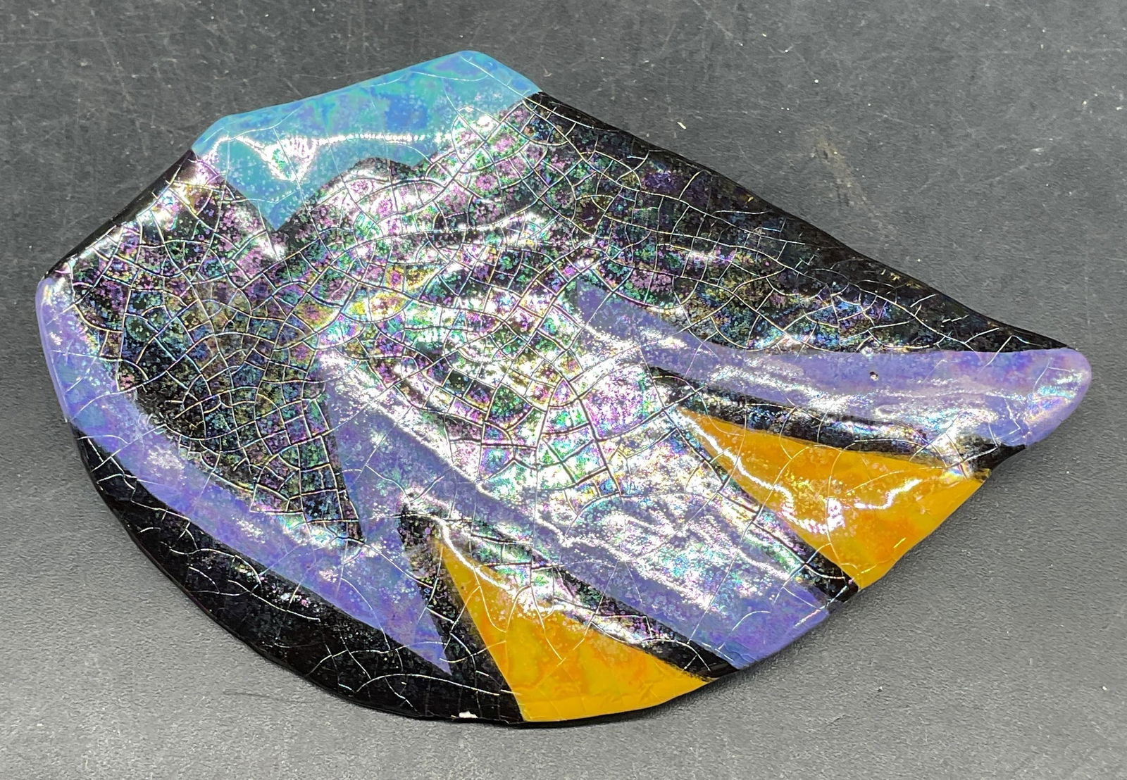 Handmade Ceramic Metallic Zigzag Brooch: Handmade ceramic brooch with metallic painted zigzag motif. Measures approx. 2 x 3 inches. Some scratching and chips. Jewelry, estate jewelry, costume jewelry, cocktail jewelry, fashion jewelry,