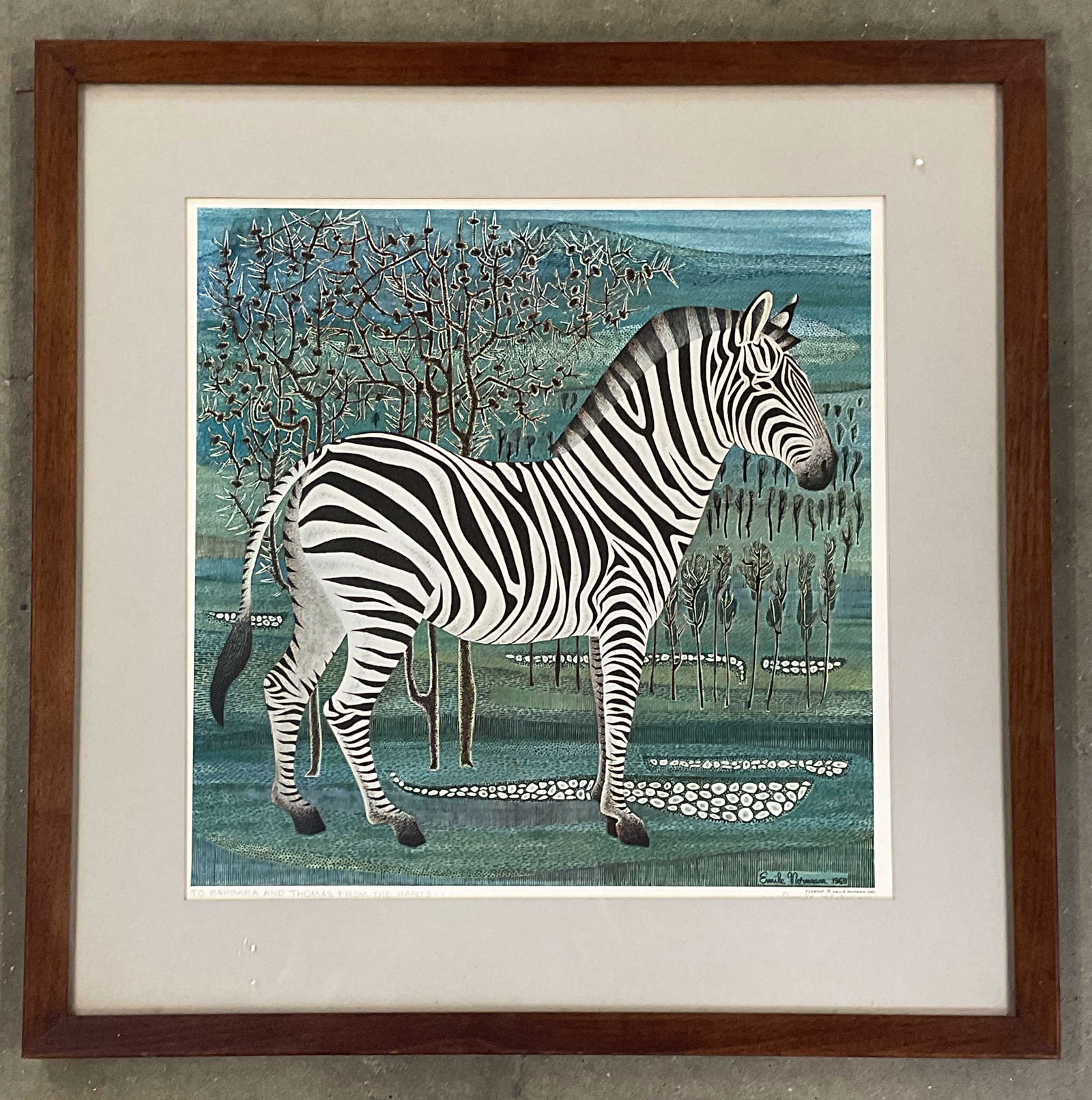 Sgn Emile Norman Zebra Lithograph 1967: Framed and matted lithograph. Signed and inscribed Emile Norman (American, 1918-2009) along lower margin. Printed 1967. Zebra. Wood frame. Not examined out of frame. Frame measures approx. 19 x 19 inc