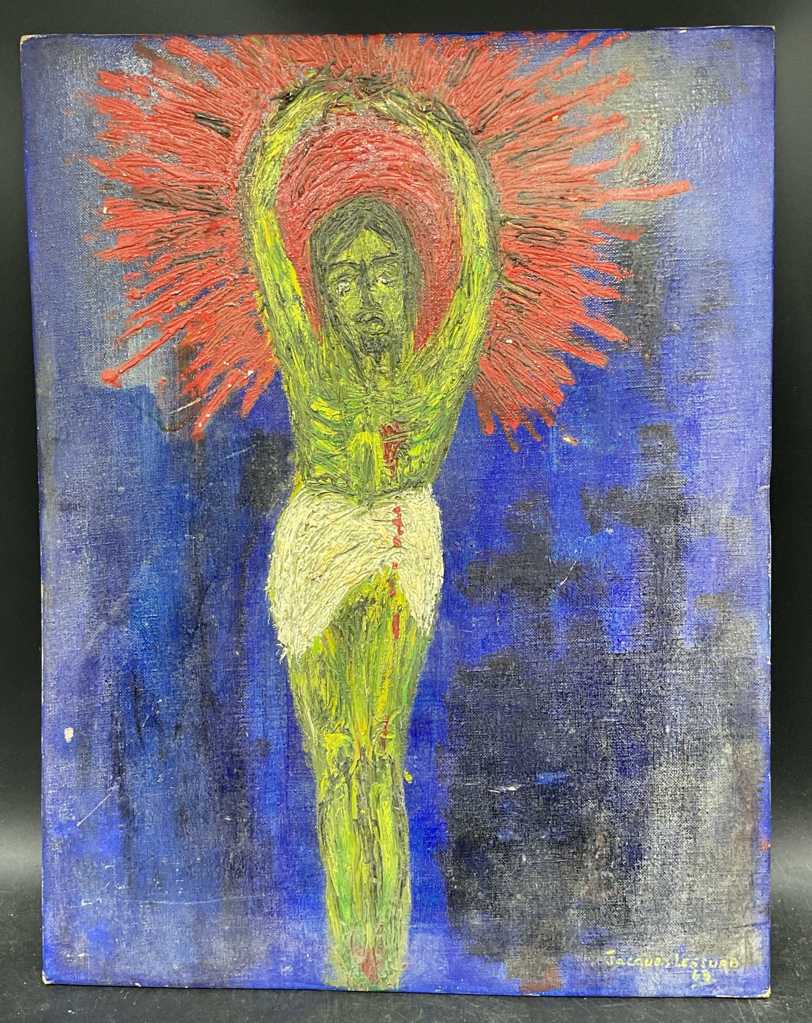 Signed Jacques Lessuro Jesus Oil Painting 1963: Oil on canvas painting. Signed lower right partially legible, possibly Jacques Lessuro, 1963. Abstracted depiction of Jesus Christ in green, red, and blue. Measures approx. 18 x 13.75 inches.