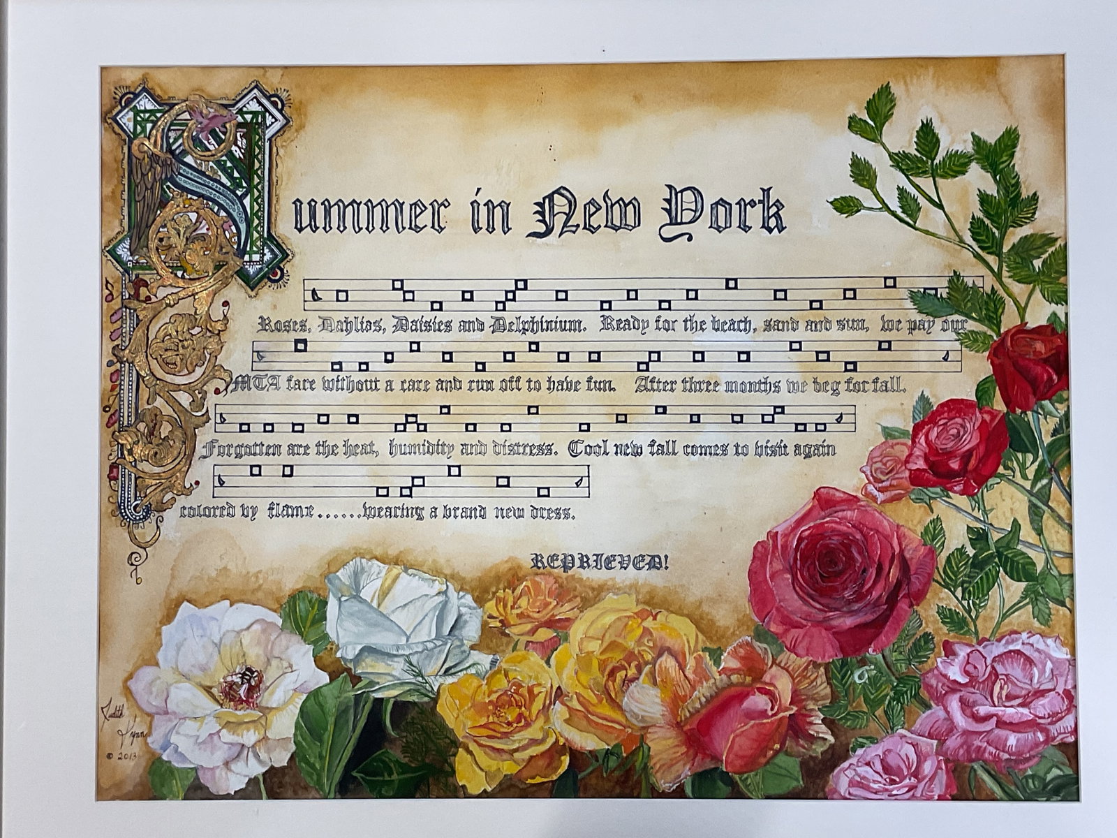Signed Judith Lynn Summer Watercolor Painting 2013: Framed and matted watercolor painting with gold leaf. Signed lower left, Judith Lynn, 2013. Summer in New York. Flowers. Gold tone frame. Not examined out of frame. Frame measures approx. 25.5 x 31.5 