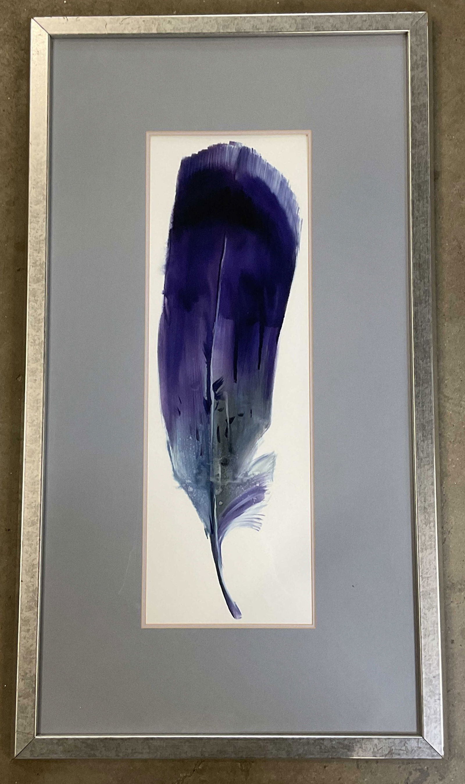 Framed Purple Blue Feather Lithograph 32in: Framed and matted lithograph. Purple and blue feather. Silver tone frame. Not examined out of frame. Frame measures approx. 31.75 x 18 inches. Some wear consistent with exposure. Art, fine art print,